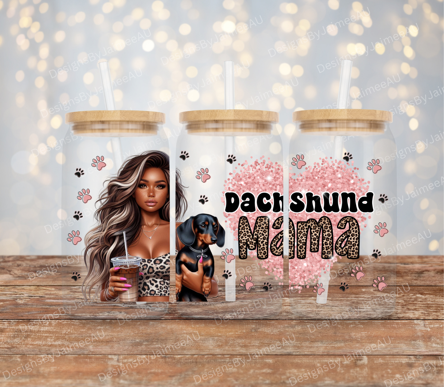 Dachshund Mama, Glitter heart/Leopard Print Digital Download 16oz UV DTF Transfer Wrap PNG Image