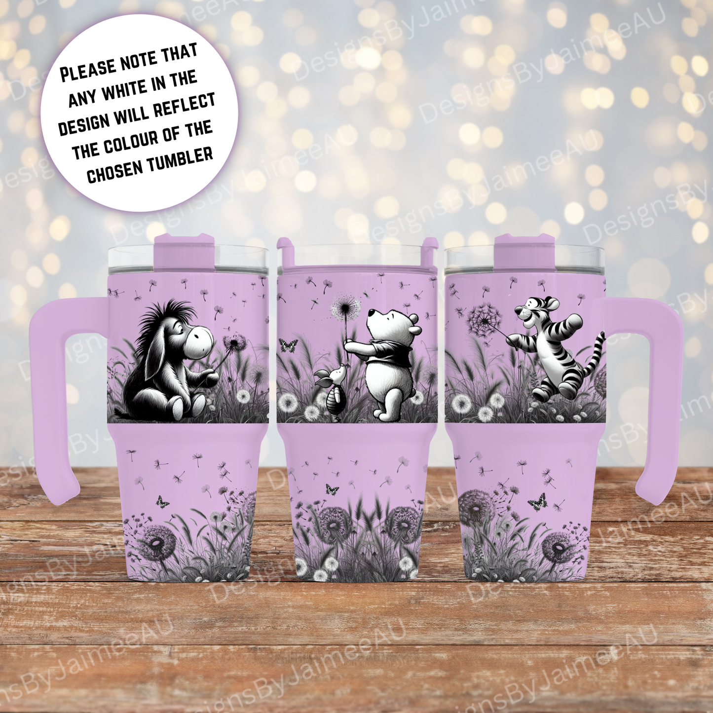 Dandelion Wishes, Winnie The Pooh and Friends- Black and White - 20oz (558ml) Macaron Tumbler with Handle
