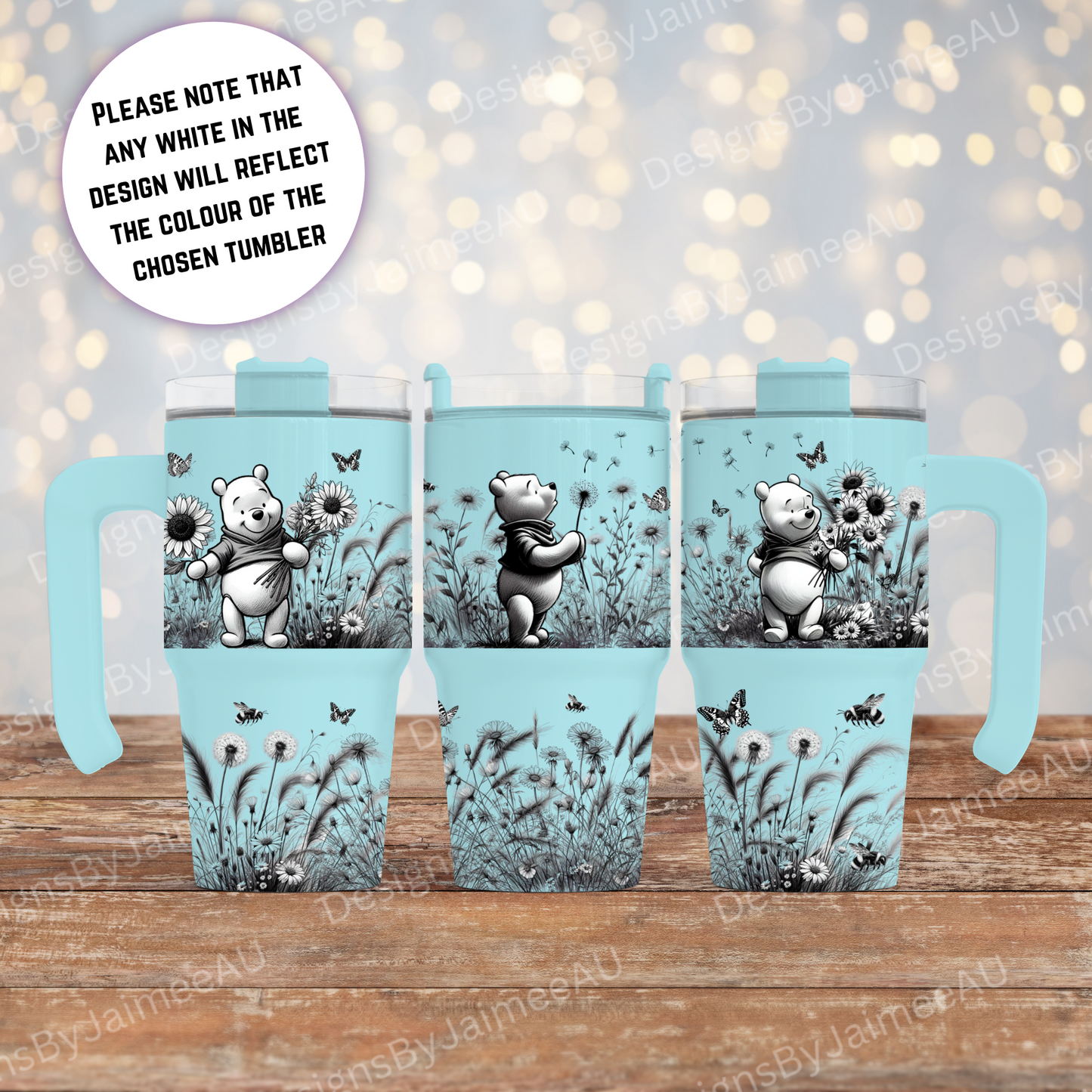 Springtime Winnie The Pooh - Black and White - 20oz (558ml) Macaron Tumbler with Handle
