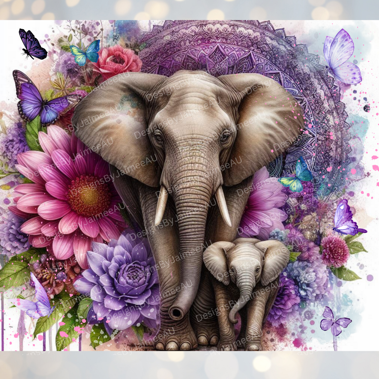 Purple Watercolour Elephants #2 Digital 20oz Sublimation Tumbler Wrap