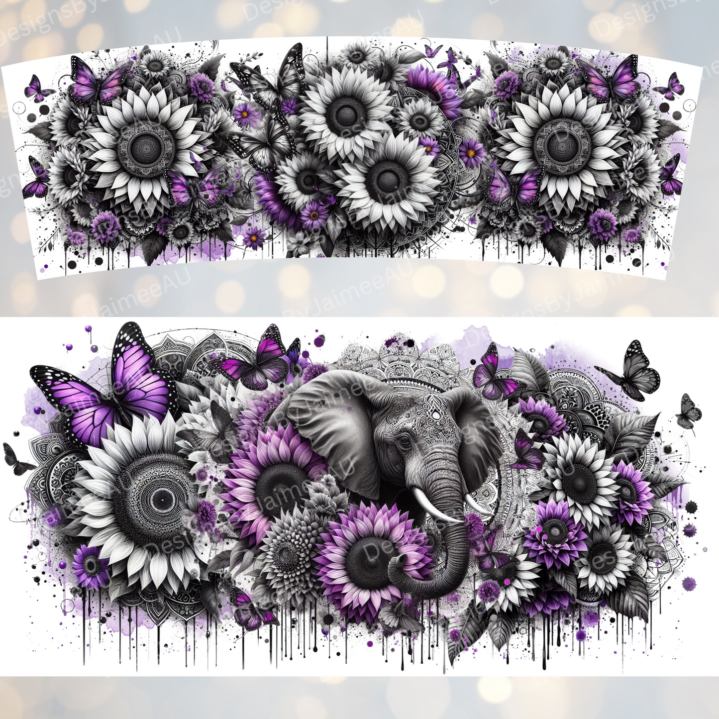 Black and White Elephant with Pops of Purple 40oz Digital Sublimation Tumbler Wrap