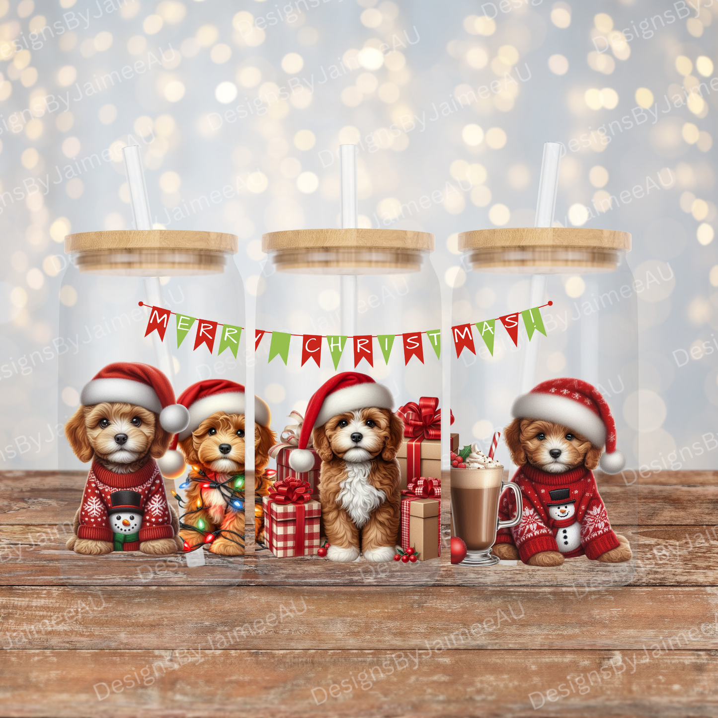 Christmas Cavoodles 16oz UV DTF Transfer Wrap PNG Image