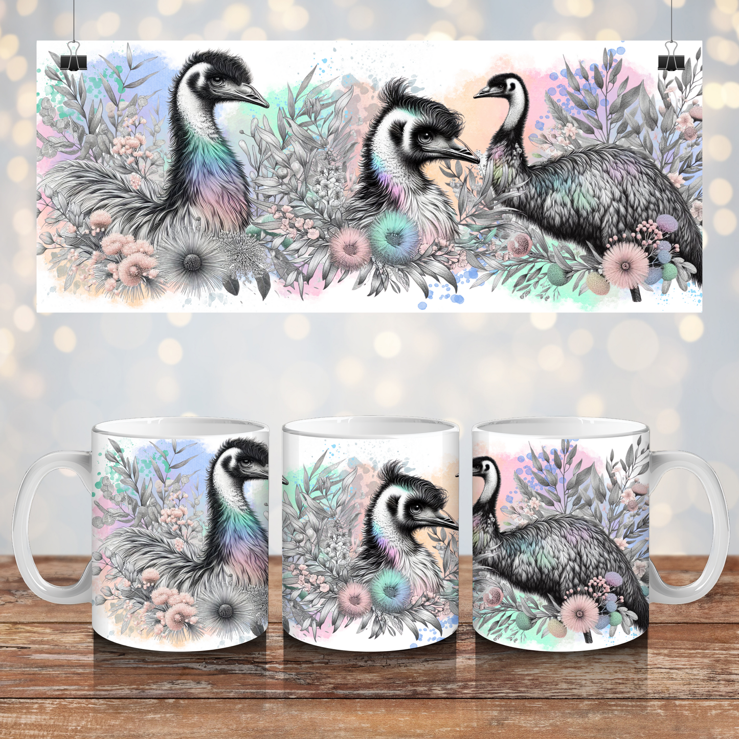 Black and White Emu, with Pastel Watercolours - Digital 11oz Sublimation Coffee Mug Design