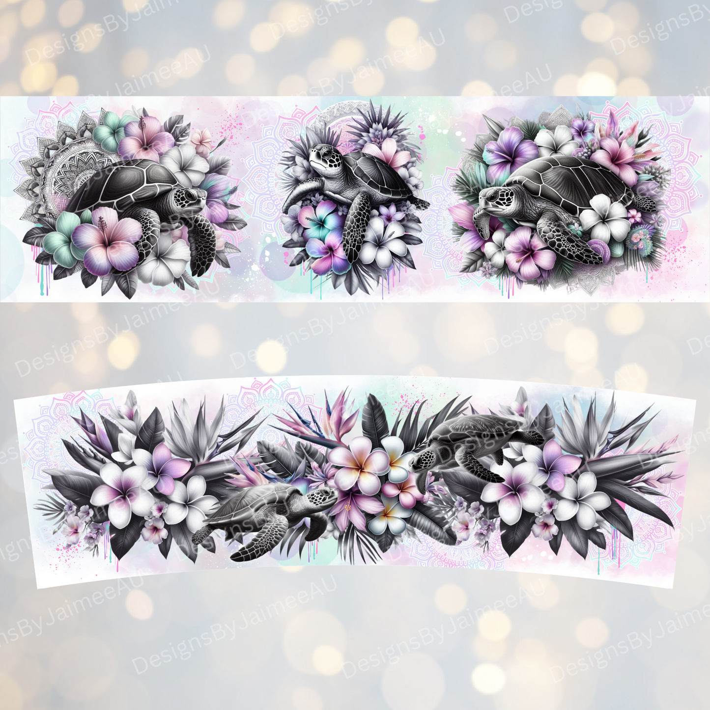 Black and White - Pastel Turtles - Digital 20oz Tumbler with Flip Lid/Handle