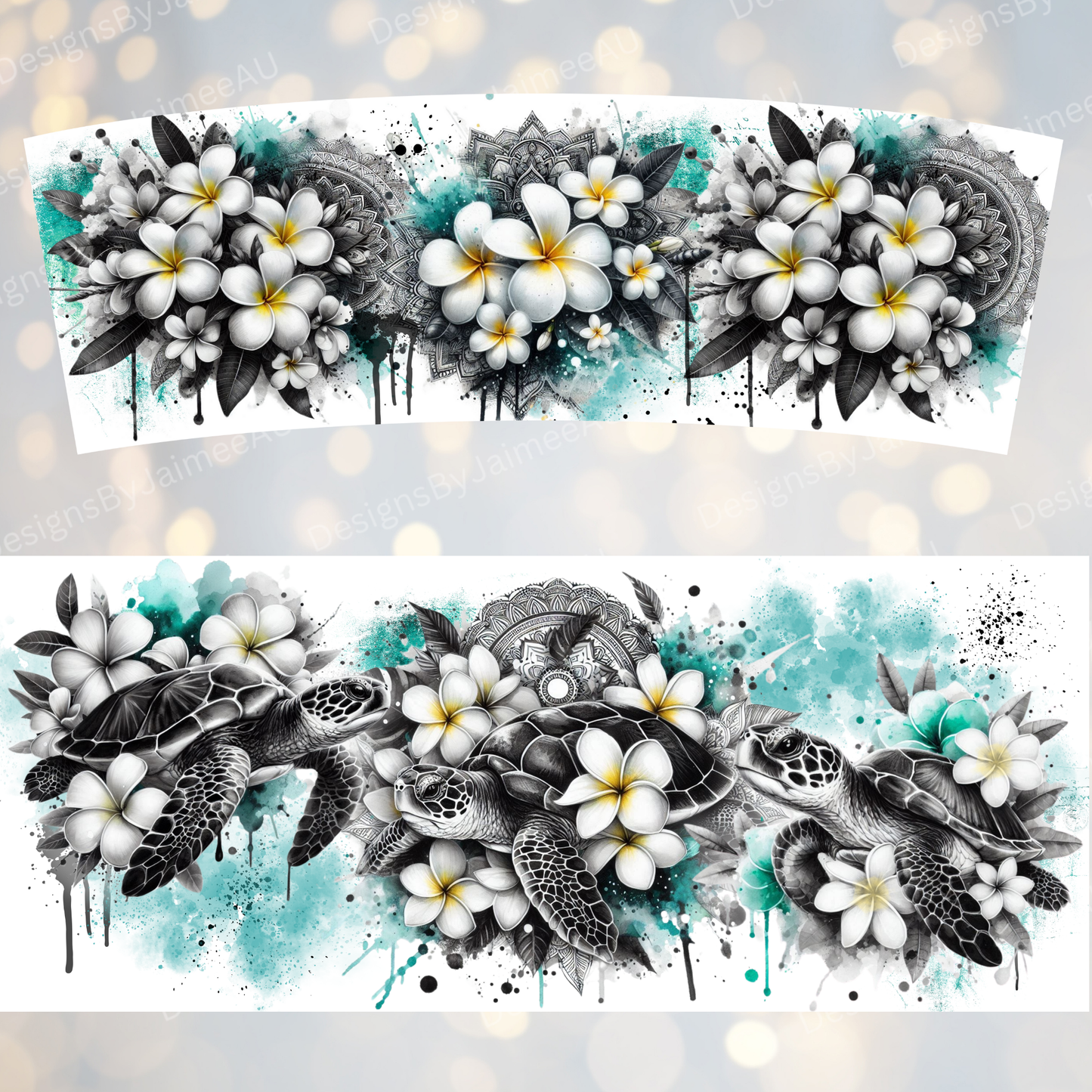 Black and White Turtles - Teal - Digital 30oz Sublimation Tumbler Wrap