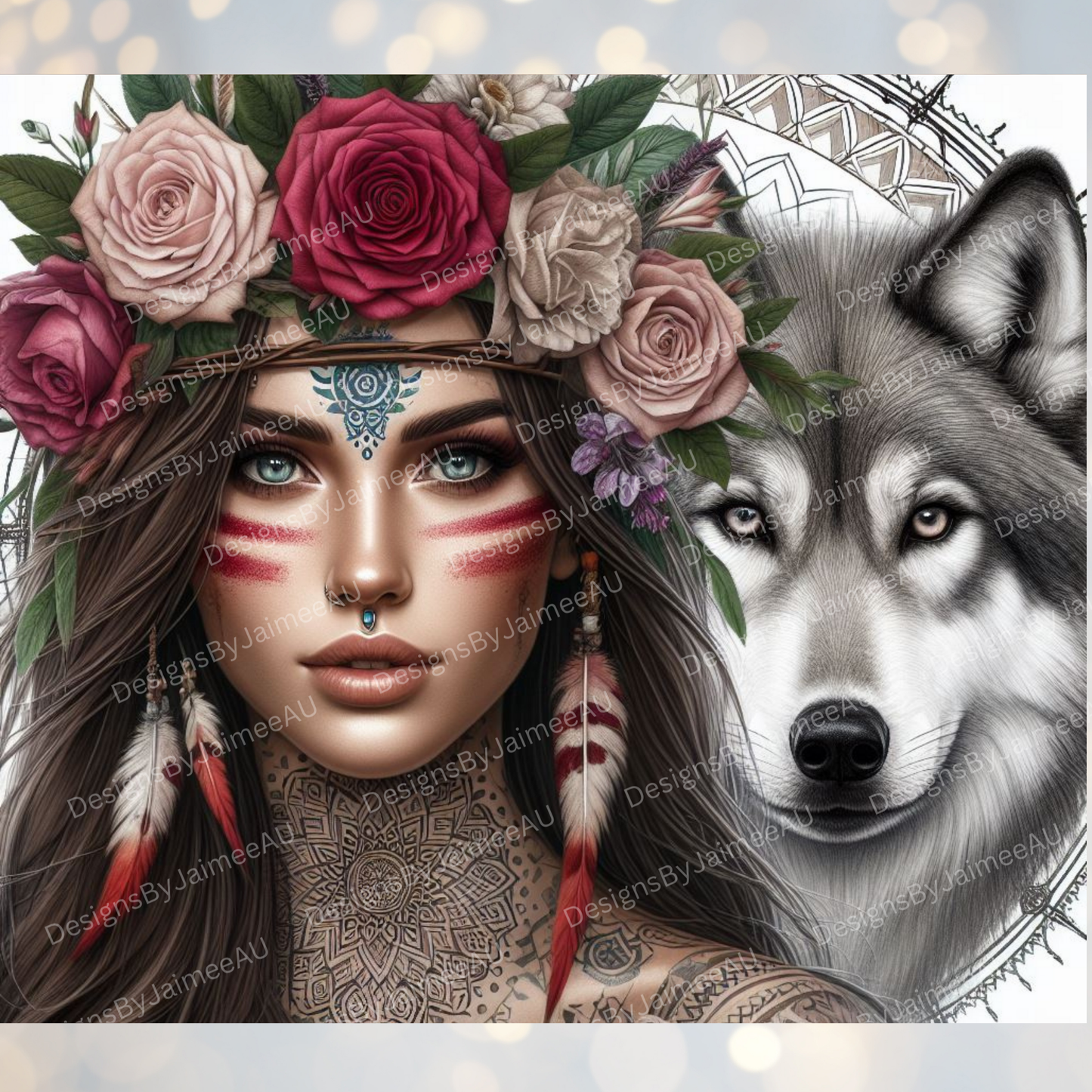 Warrior Woman, Wolf, Flower Crown (Fierce Collection) Digital 20oz Sublimation Tumbler Wrap