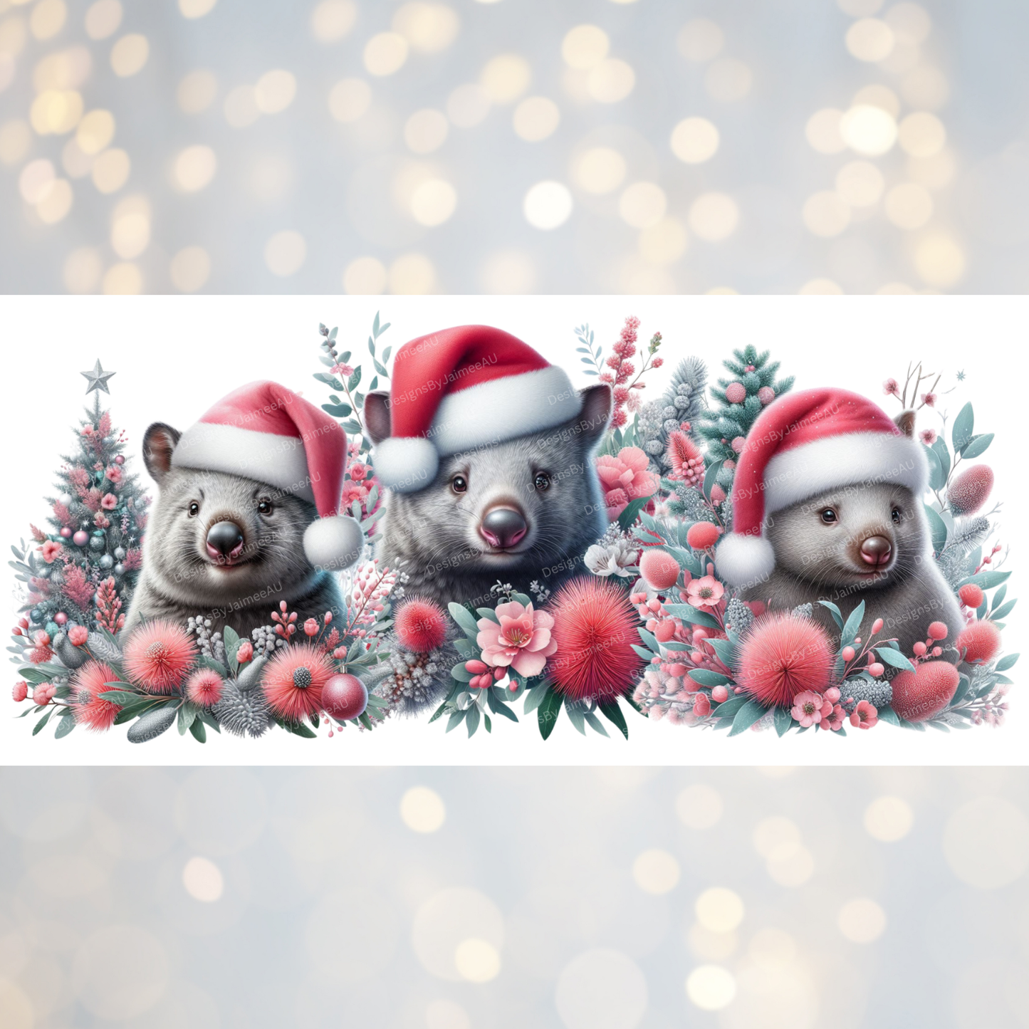 Christmas Wombats-Red and Silver Themed Digital Download 16oz UV DTF Transfer Wrap PNG Image