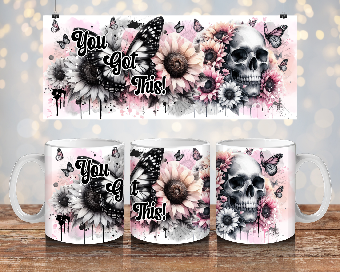 You Got This - Pink and Black Floral Skull - Digital 11oz Sublimation Coffee Mug Design