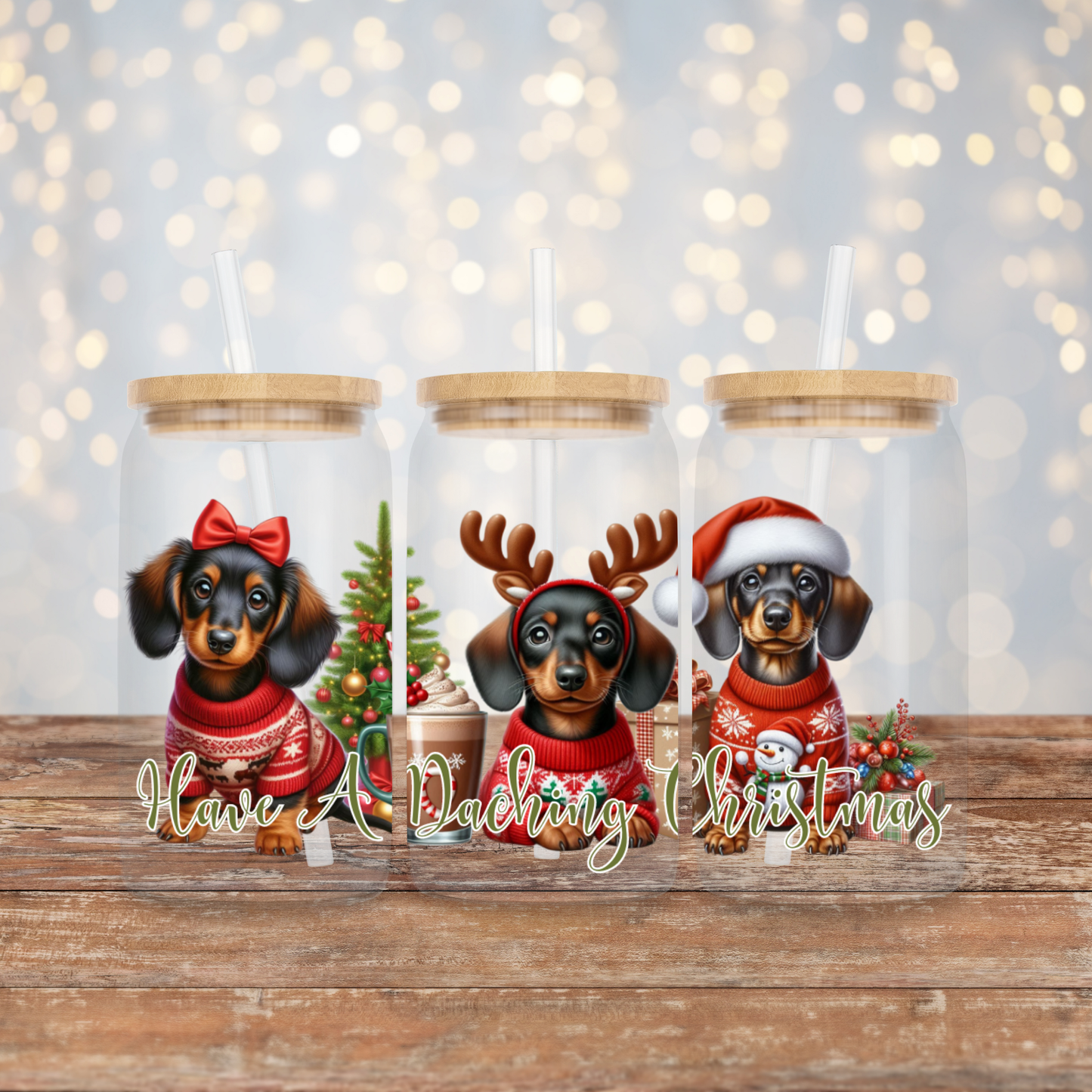 Christmas Dachshunds "Have a Daching Christmas" Digital Download 16oz UV DTF Transfer Wrap PNG Image