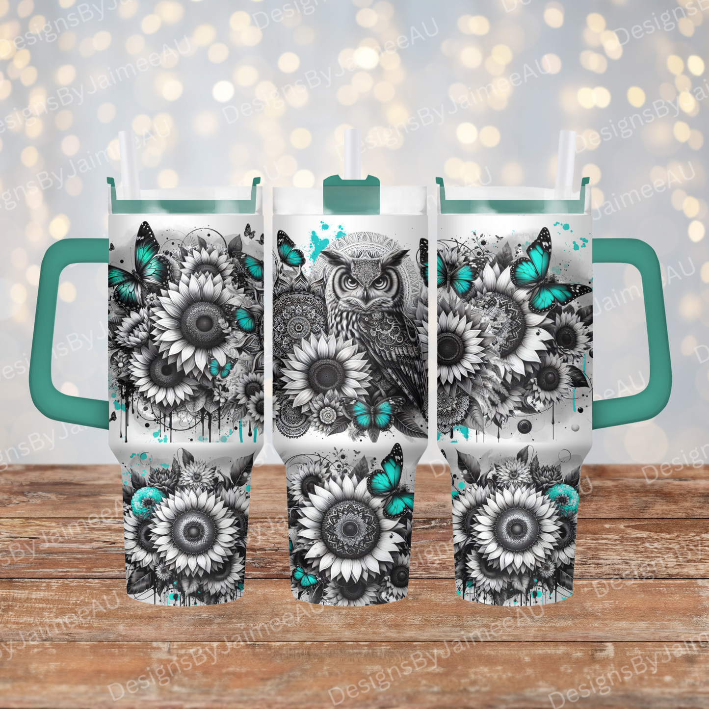 Black and White Owl with Pops of Aqua 40oz Digital Sublimation Tumbler Wrap