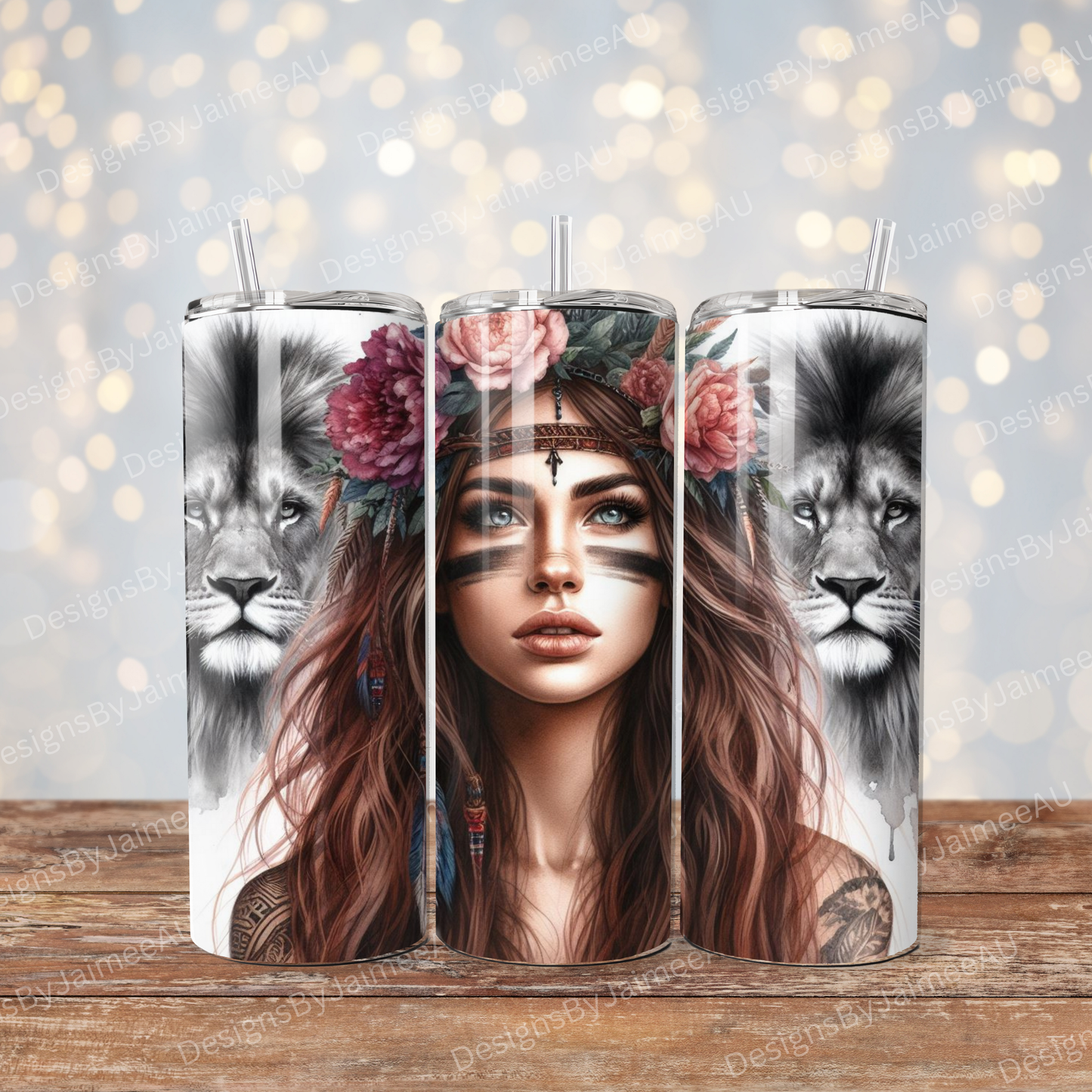Lions and Warrior Woman, Flower Crown Digital 20oz Sublimation Tumbler Wrap