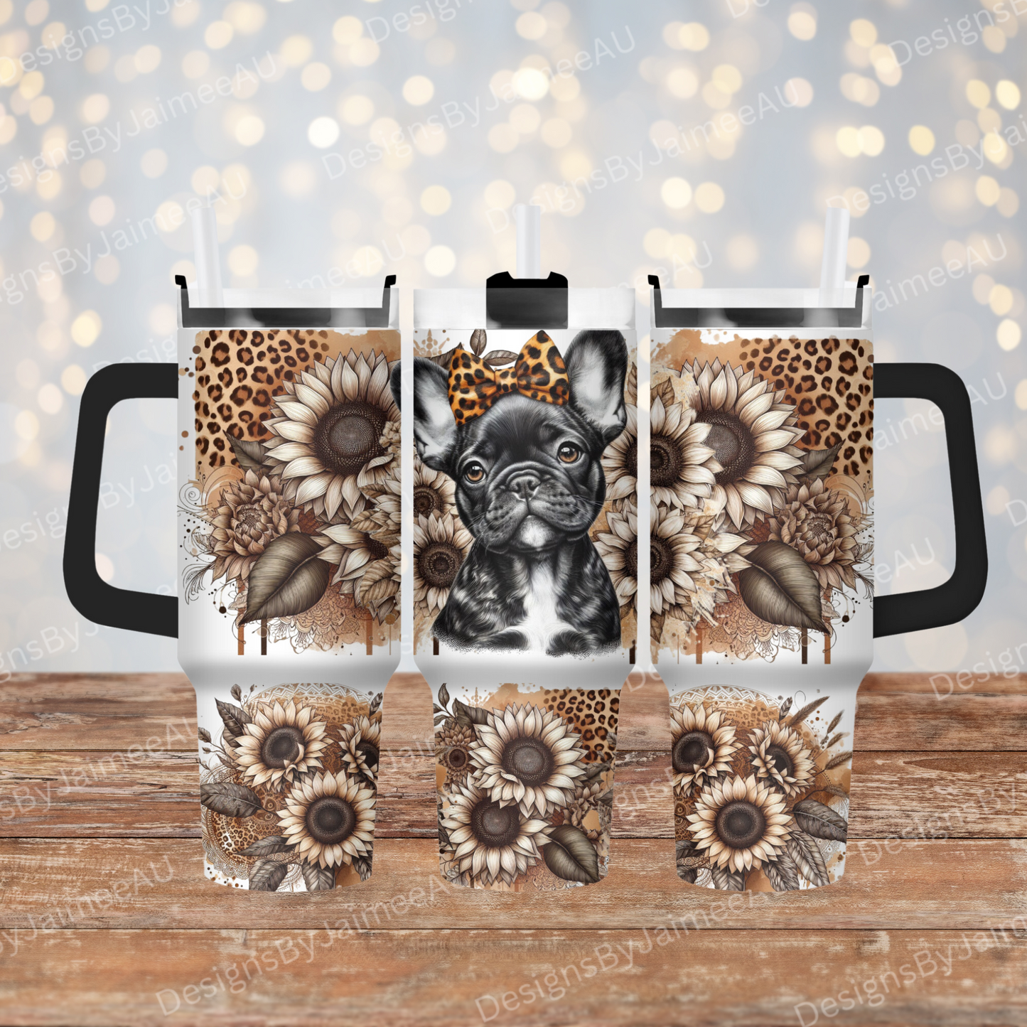 Leopard Print and Sunflowers Frenchie 40oz Digital Sublimation Tumbler Wrap