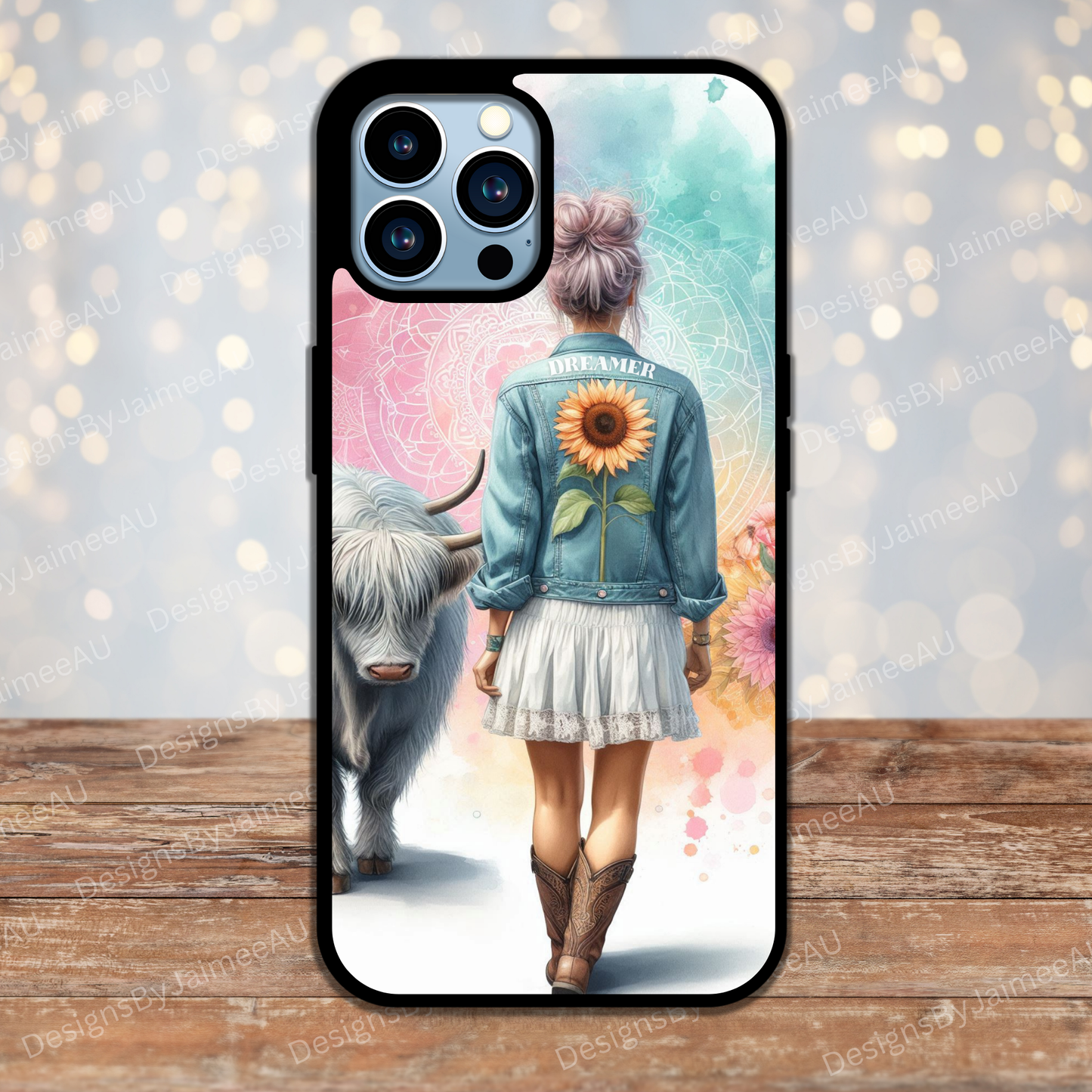 "Dreamer" Pastel Watercolour Daily Affirmations with Highland Cow Digital Phone Case Design