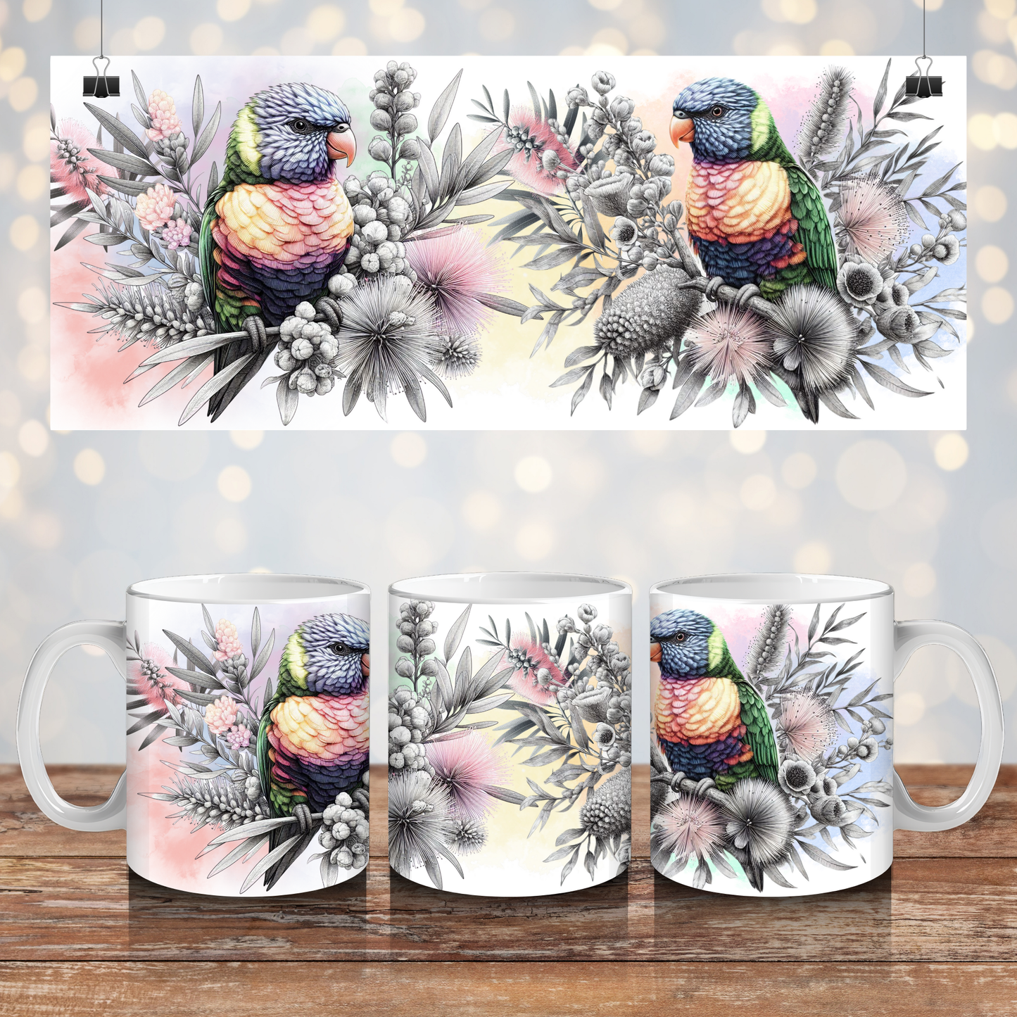 Black and White Rainbow Lorikeet, with Pastel Watercolours - Digital 11oz Sublimation Coffee Mug Design