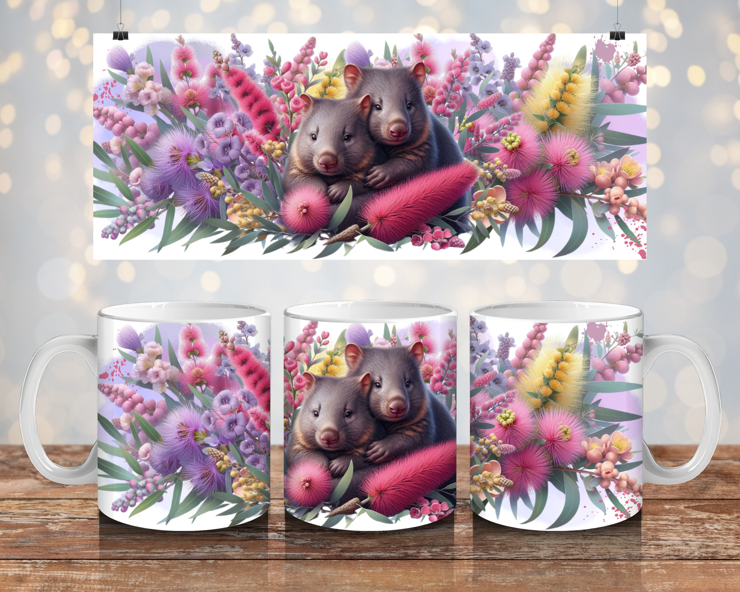 Wombats Snuggling and Aussie Natives - Digital 11oz Sublimation Coffee Mug Design