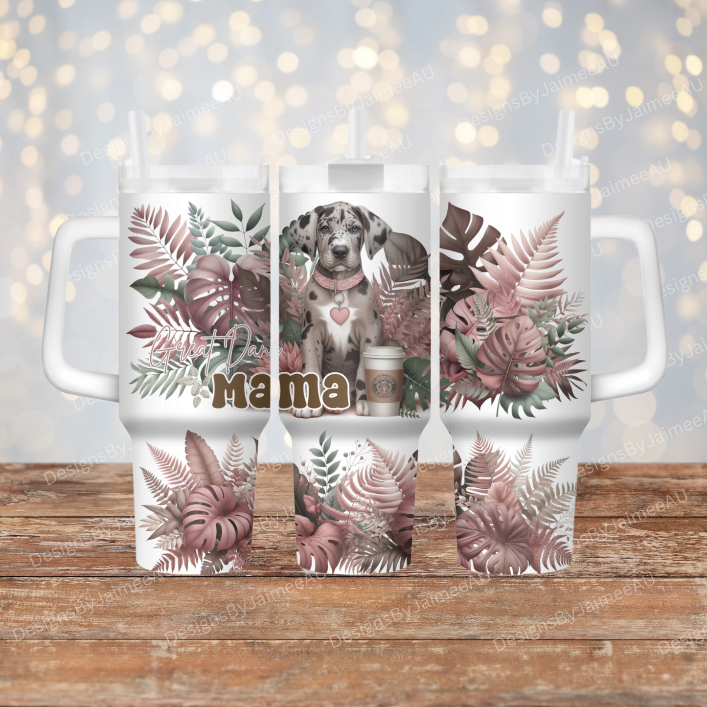 Earthy Tropical Pinks and Browns "Great Dane Mama" 40oz Digital Sublimation Tumbler Wrap