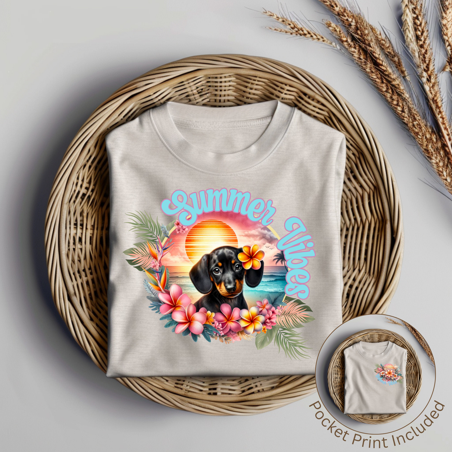 Summer Vibes With Pocket Print - Dachshund - Digital DTF Transfer PNG Image