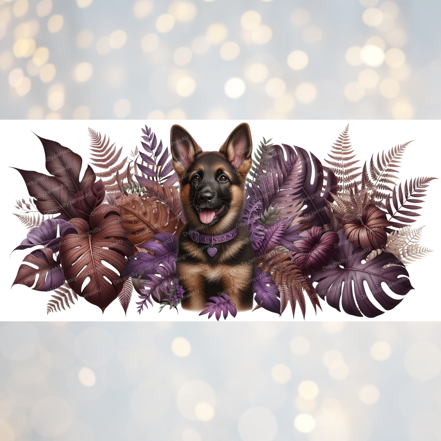 German Shepard, Purple and Browns Earthy Tropical Vibes Digital Download 16oz UV DTF Transfer Wrap PNG Image
