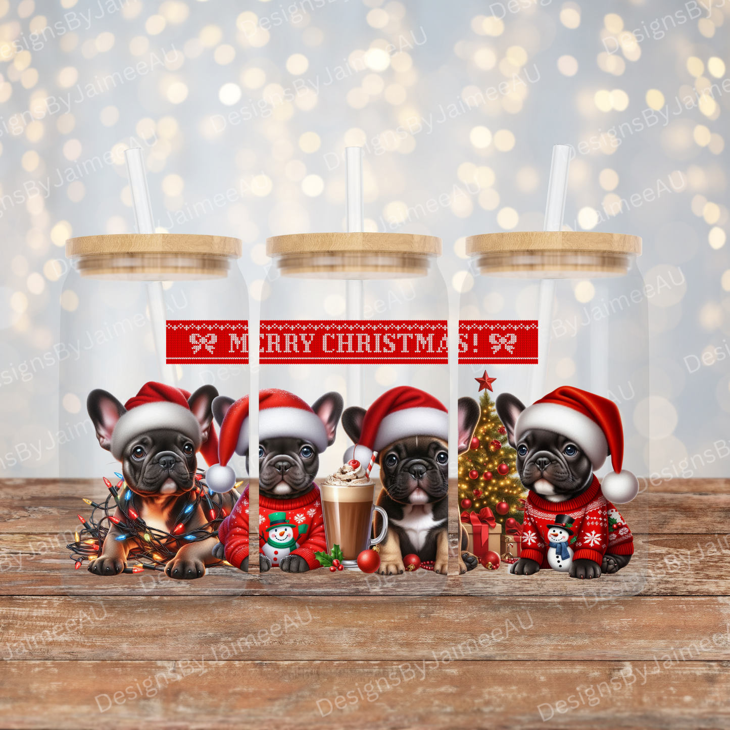 Christmas Frenchies 16oz UV DTF Transfer Wrap PNG Image