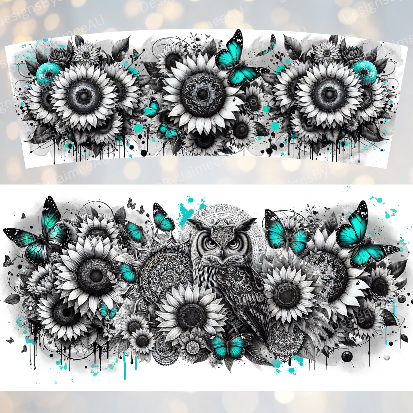 Black and White Owl with Pops of Aqua 40oz Digital Sublimation Tumbler Wrap