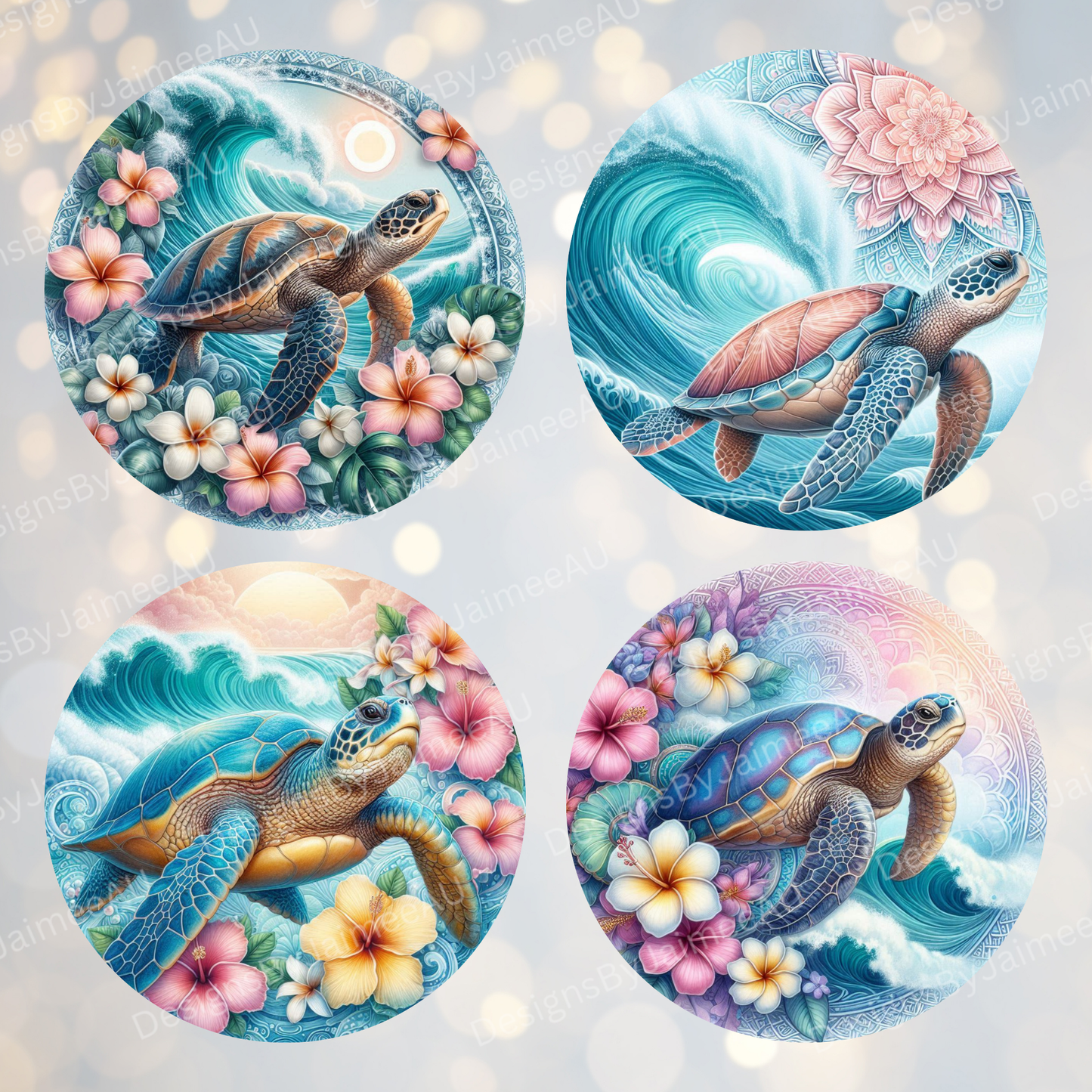 4 Watercolour Tropical Turtle #1 Digital Sublimation Car Coaster Designs