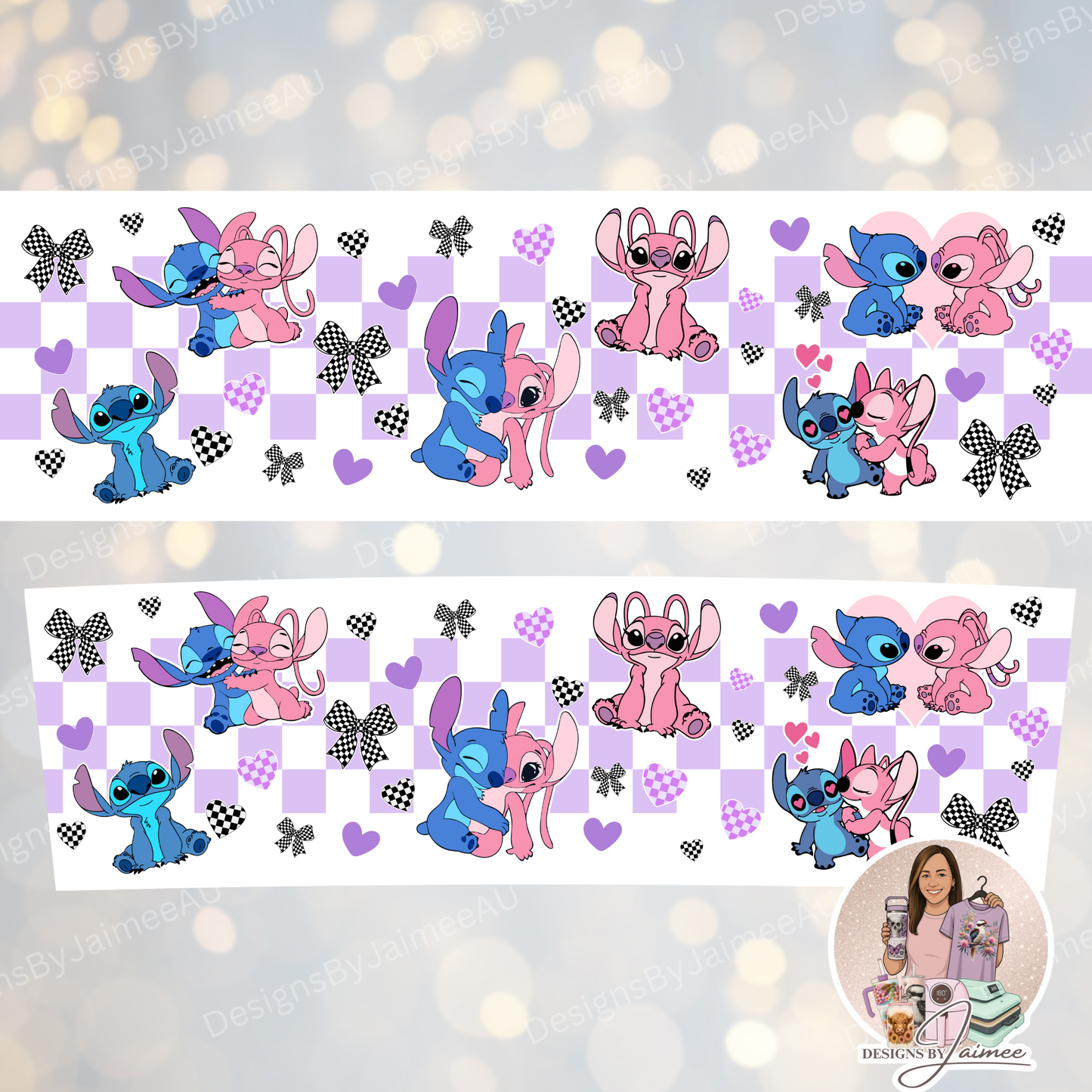 Stitch and Angel - Purple Checkers - Digital 20oz Tumbler with Flip Lid/Handle