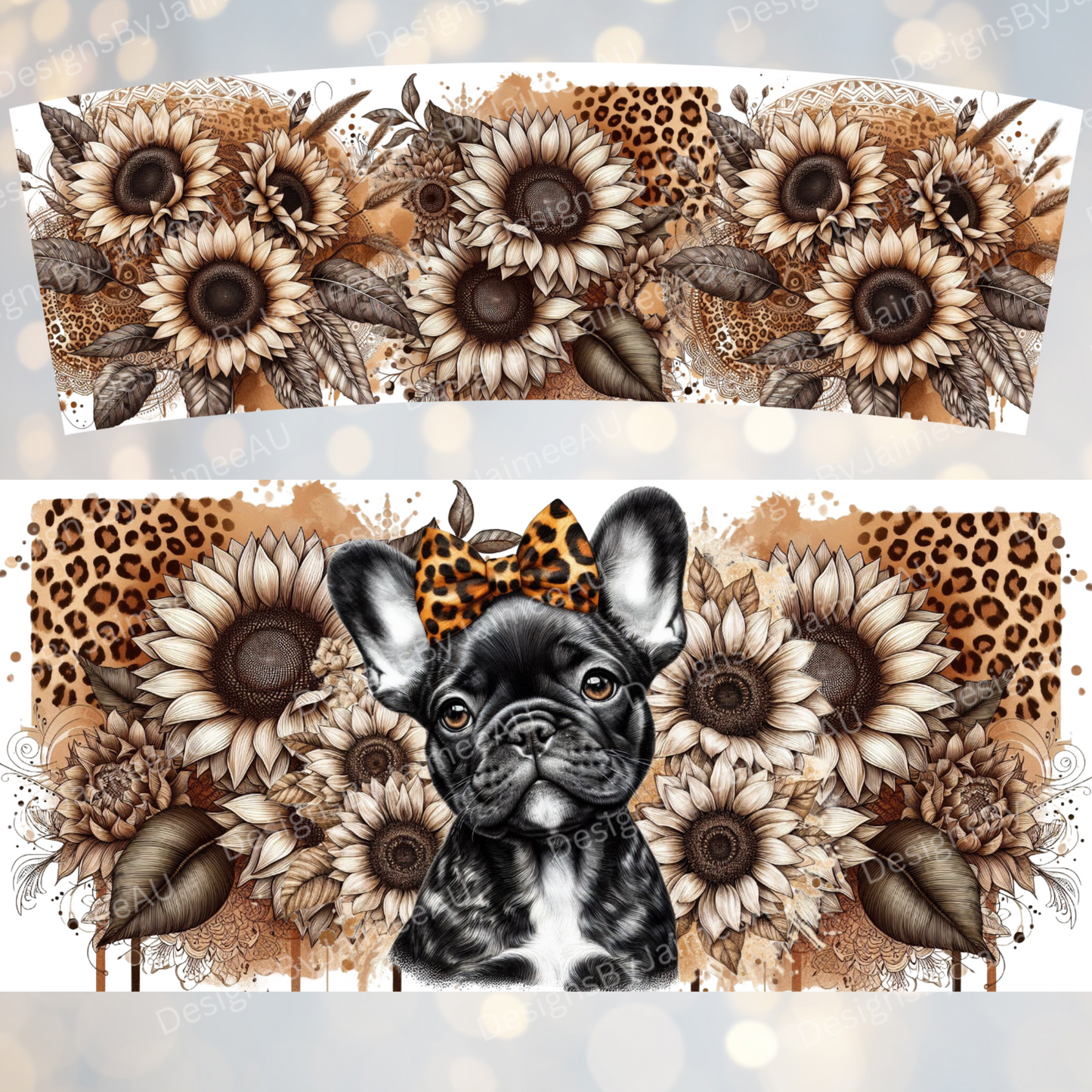 Leopard Print and Sunflowers Frenchie 40oz Digital Sublimation Tumbler Wrap