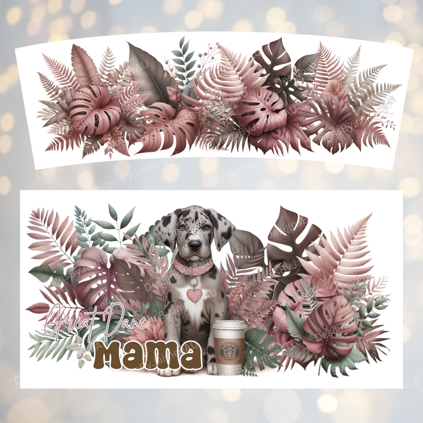 Earthy Tropical Pinks and Browns "Great Dane Mama" 40oz Digital Sublimation Tumbler Wrap