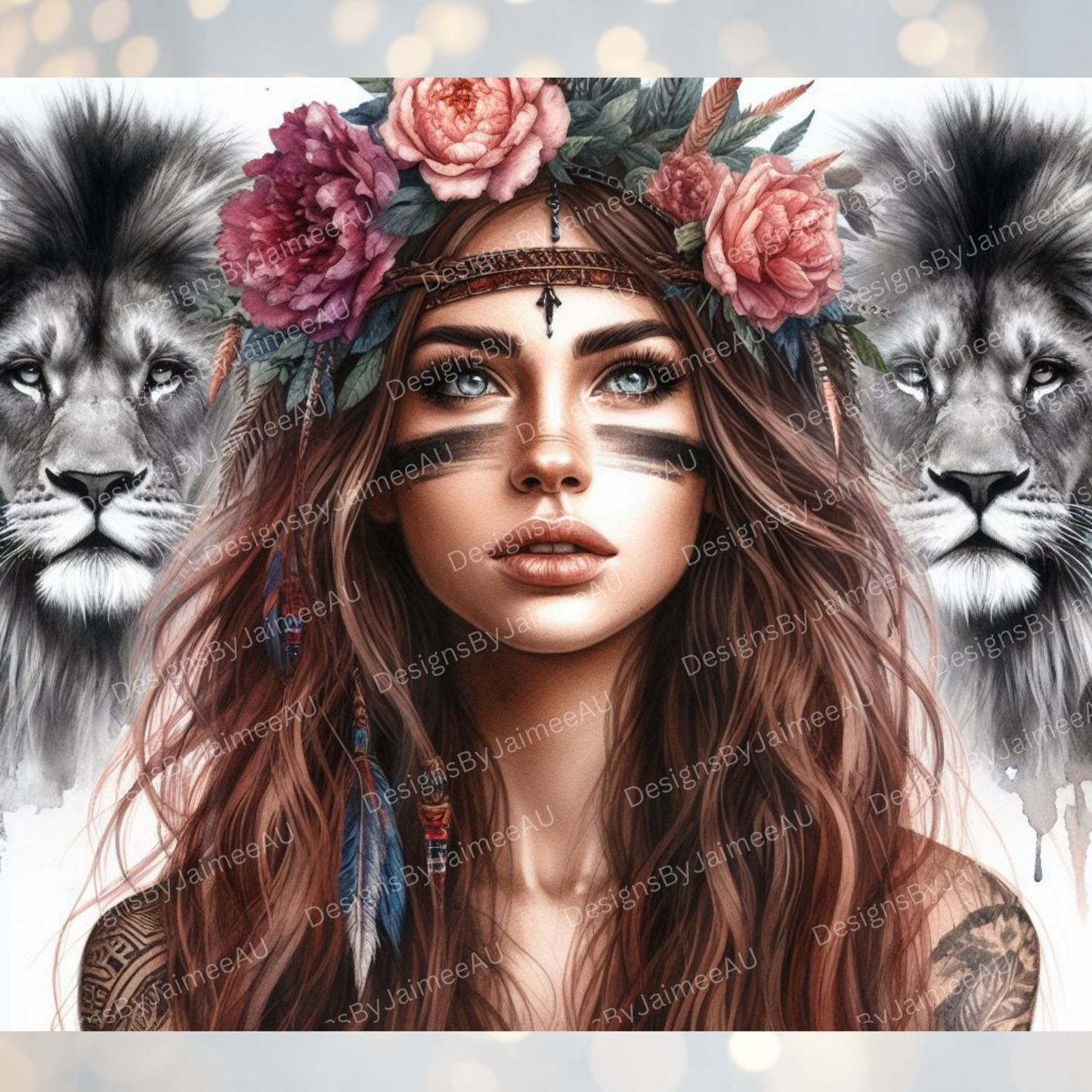 Lions and Warrior Woman, Flower Crown Digital 20oz Sublimation Tumbler Wrap