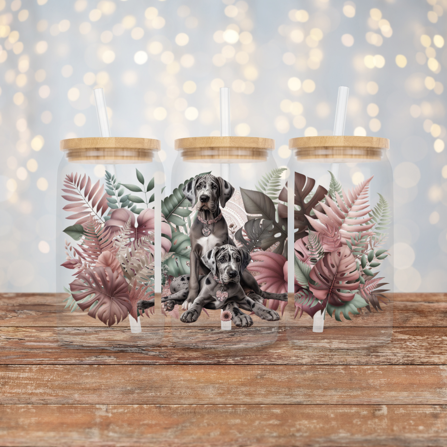 Great Dane Earthy Pinks and Browns, Tropical Vibes Digital Download 16oz UV DTF Transfer Wrap PNG Image