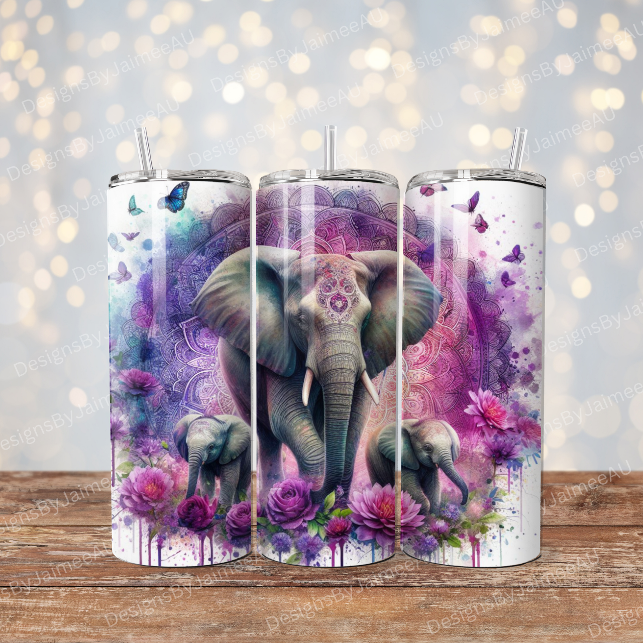 Purple Watercolour Elephants #4 Digital 20oz Sublimation Tumbler Wrap