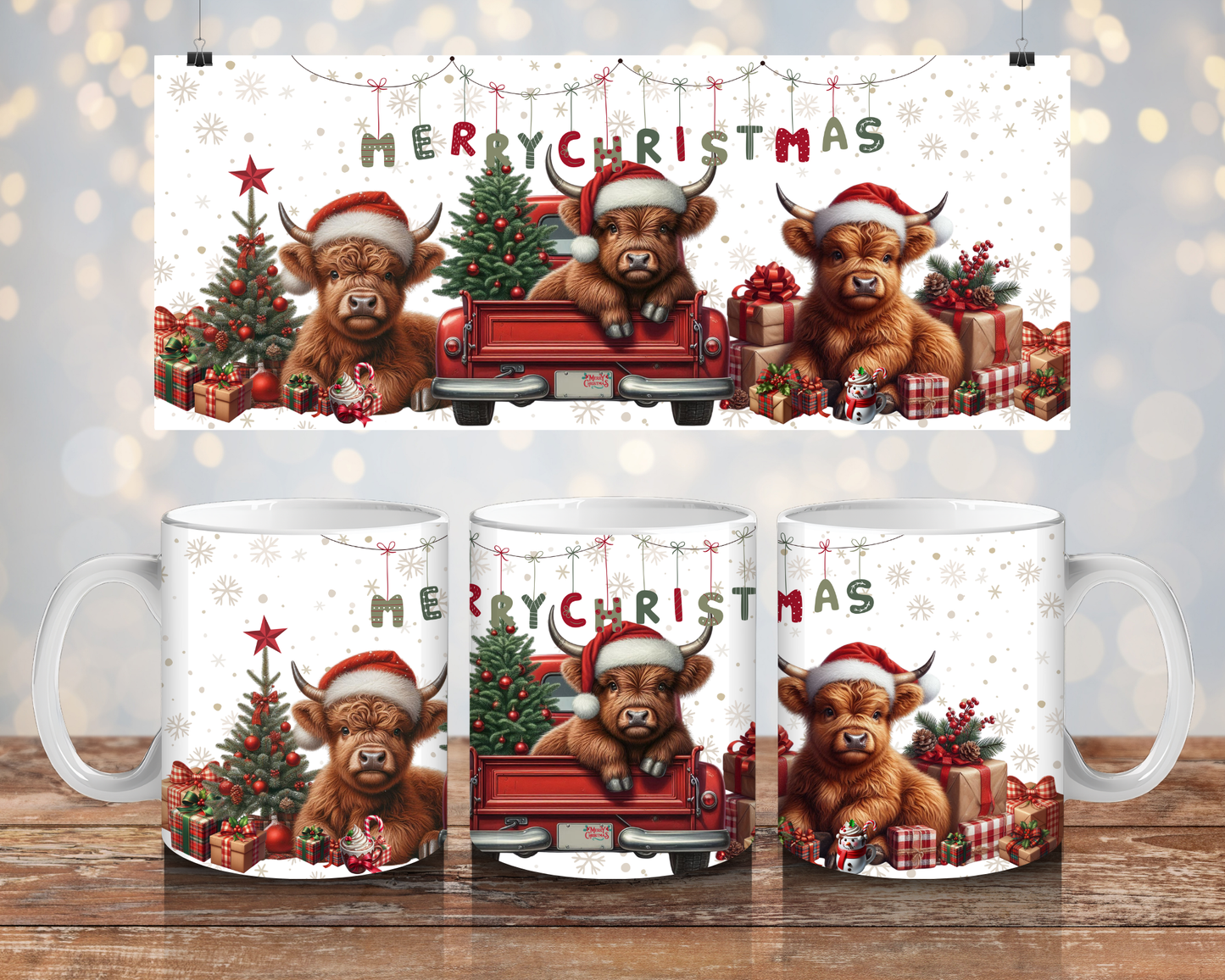 Vintage Christmas Highland Cow -Digital 11oz Sublimation Coffee Mug Design