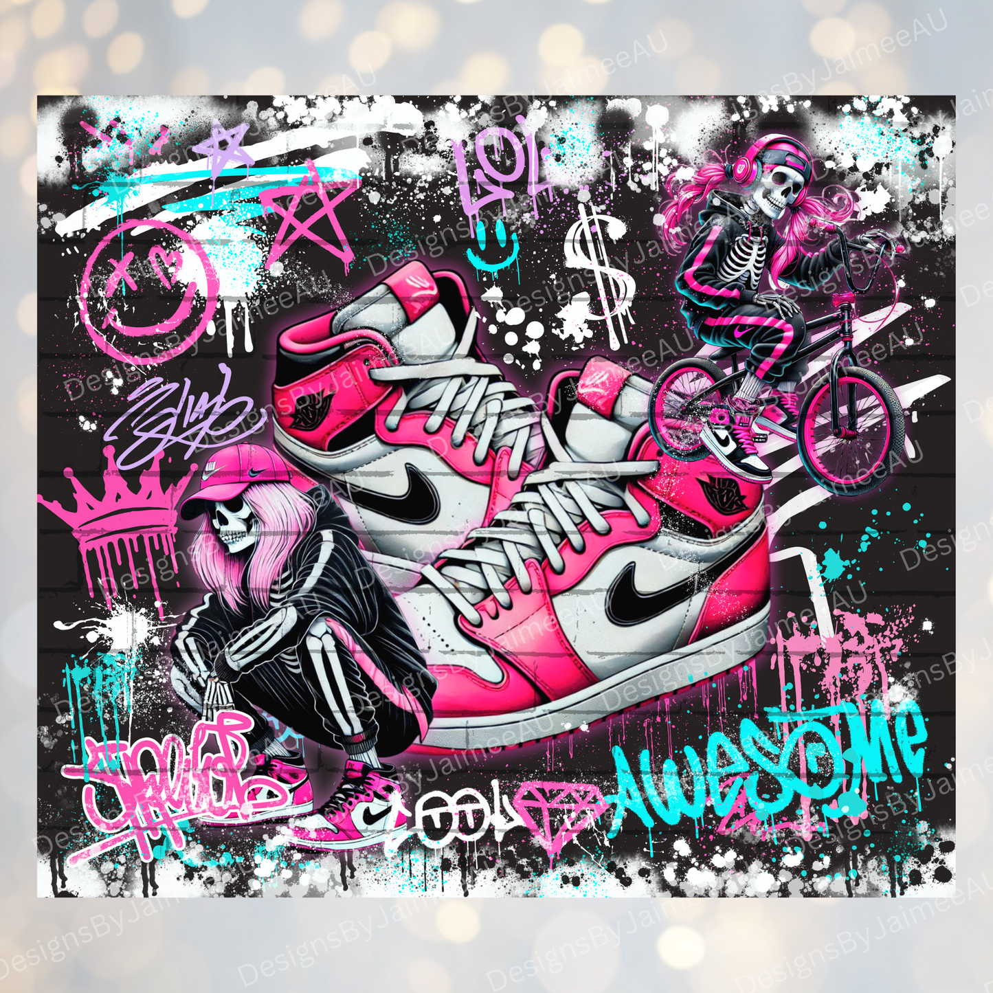 Hot Pink Graffiti Style Skeleton - Digital 20oz Sublimation Tumbler Wrap