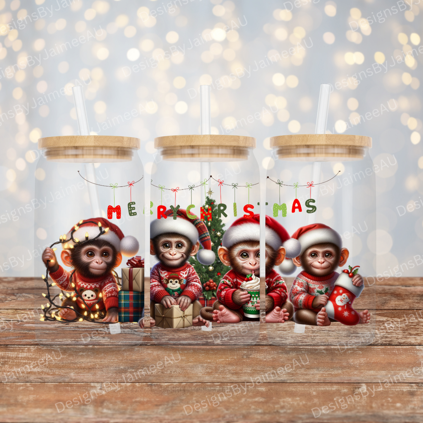 Christmas Monkeys 16oz UV DTF Transfer Wrap PNG Image