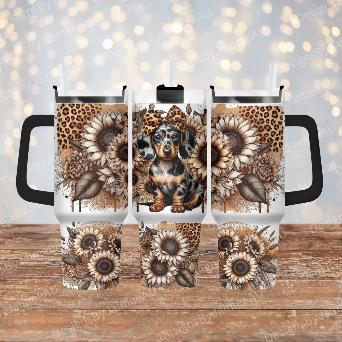 Leopard Print and Sunflowers Dachshund 40oz Digital Sublimation Tumbler Wrap