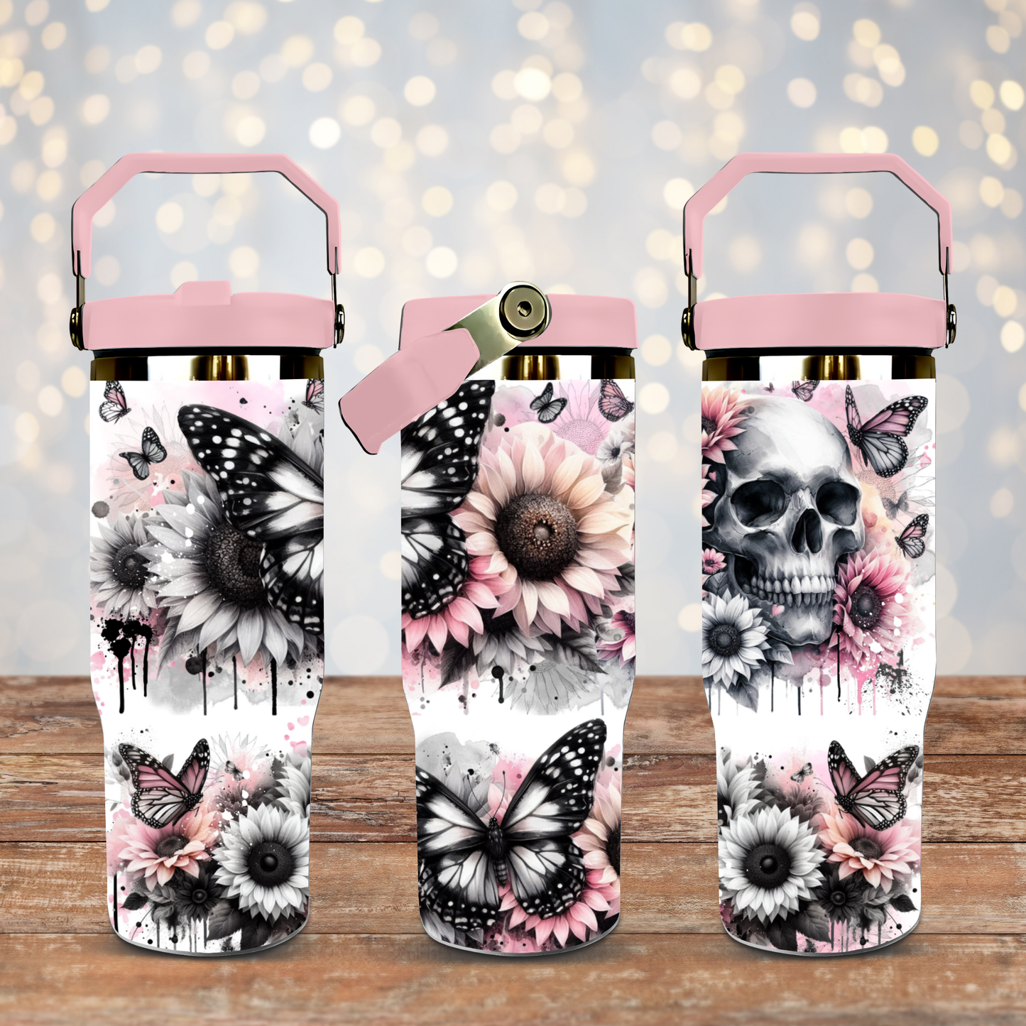 Black and Pink Watercolour Skull and Butterflies - Digital 30oz Sublimation Tumbler Wrap