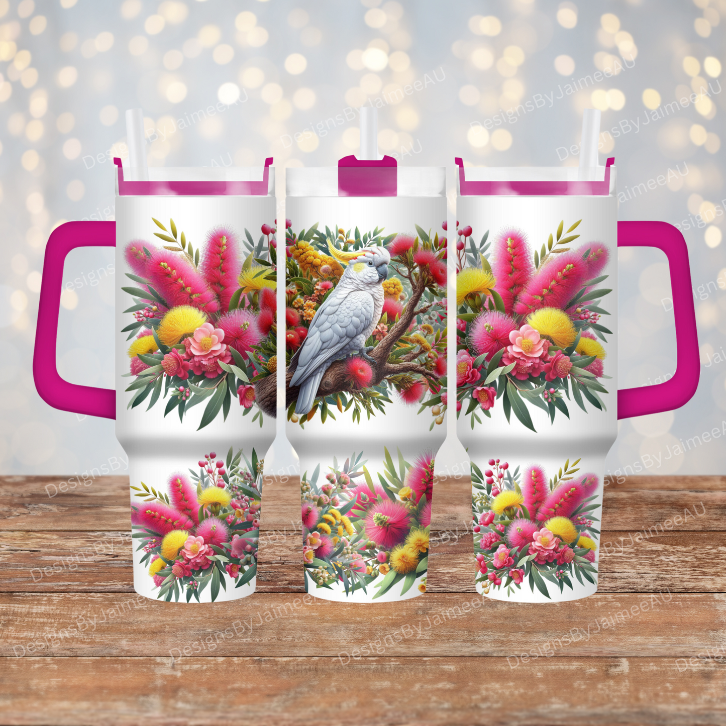 Cockatoo and Australian Native Flowers 40oz Digital Sublimation Tumbler Wrap