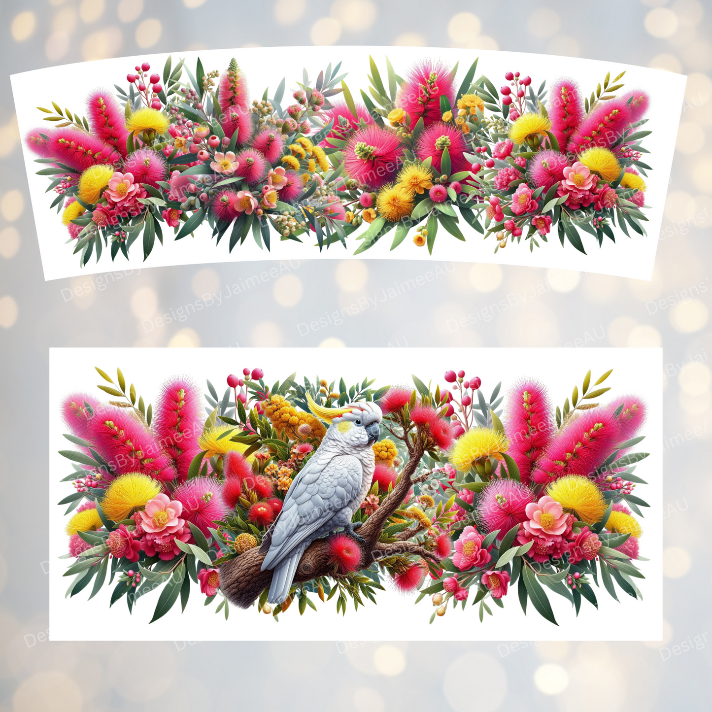 Cockatoo and Australian Native Flowers 40oz Digital Sublimation Tumbler Wrap