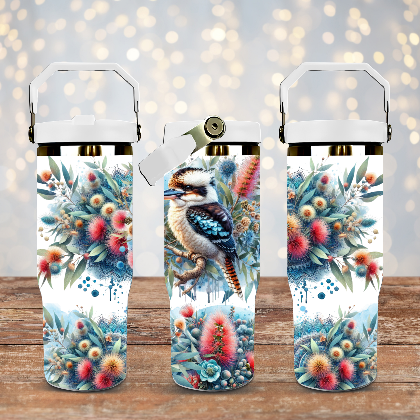 Blue Watercolour Kookaburra and Australian Natives- Digital 30oz Sublimation Tumbler Wrap