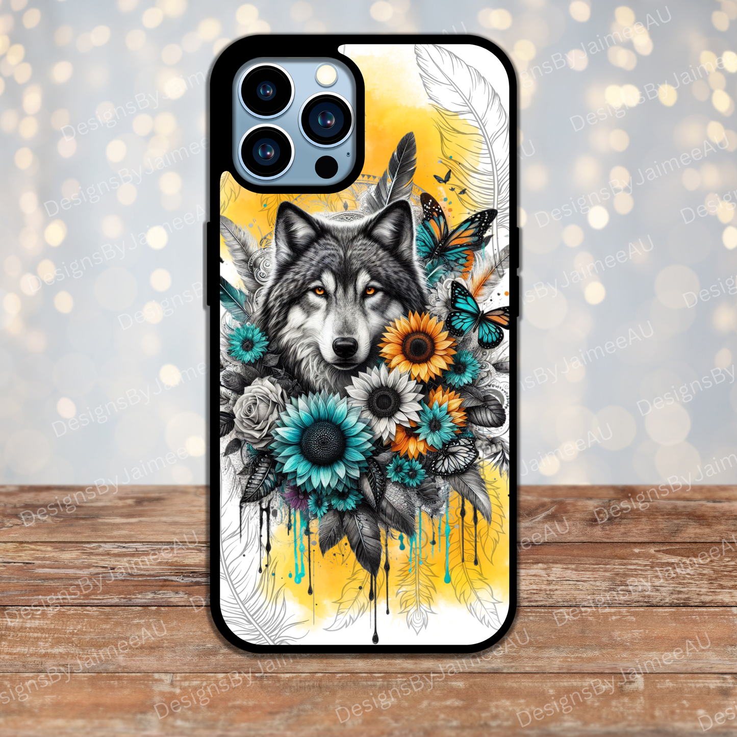 Black and White Wolf with Yellow Watercolour Digital Phone Case Design