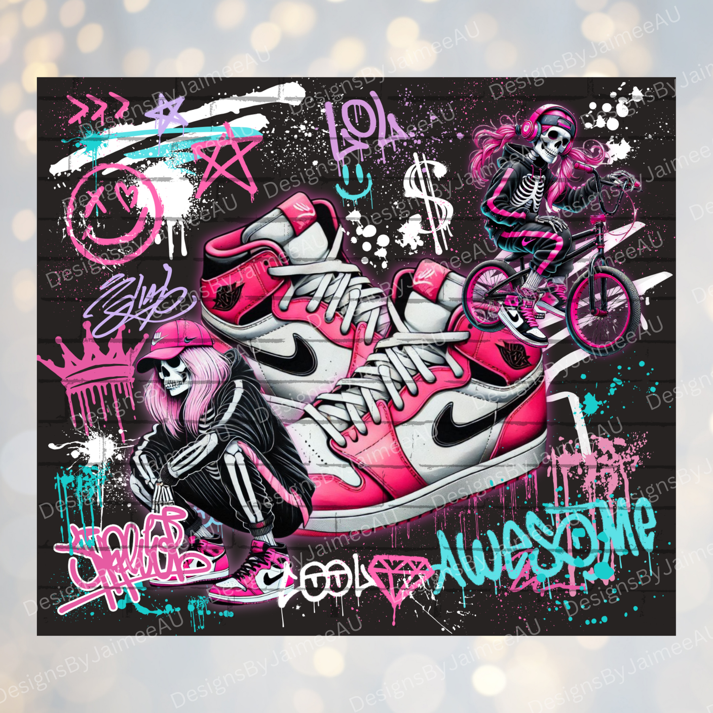 Hot Pink Graffiti Style Skeleton - Digital 20oz Sublimation Tumbler Wrap