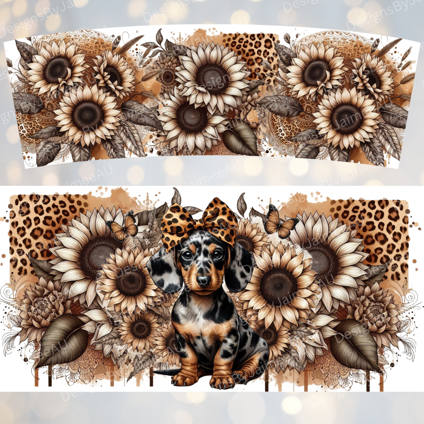 Leopard Print and Sunflowers Dachshund 40oz Digital Sublimation Tumbler Wrap