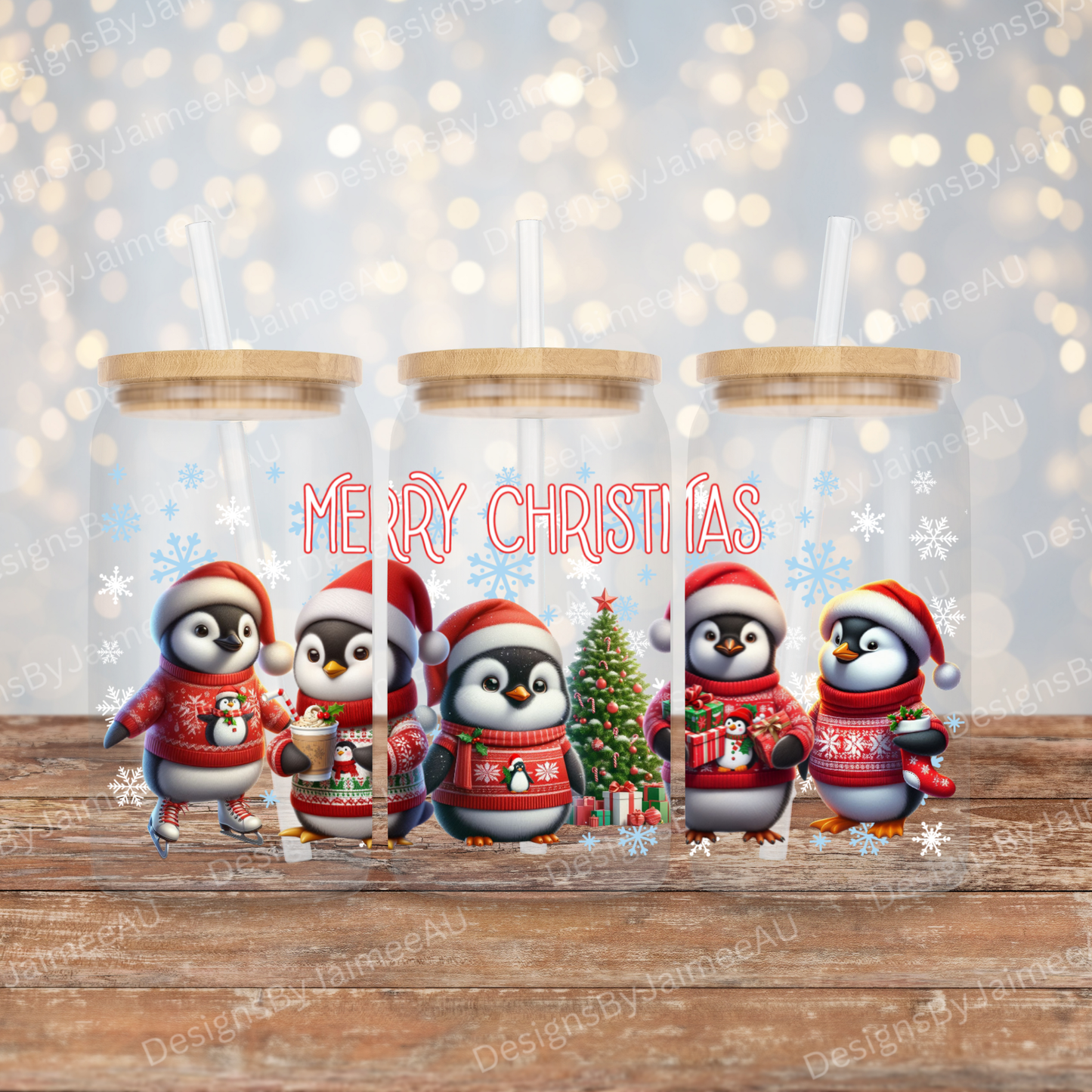 Christmas Penguins 16oz UV DTF Transfer Wrap PNG Image