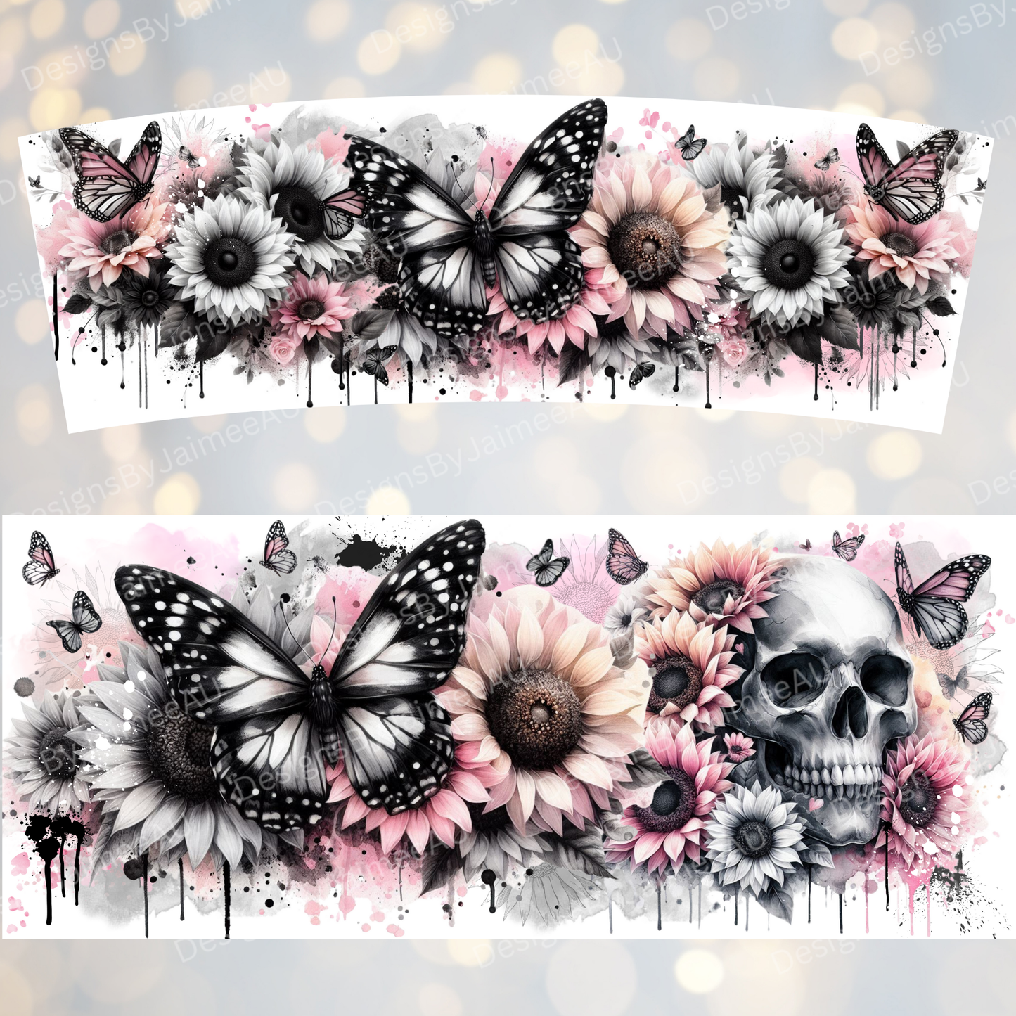 Black and Pink Watercolour Skull and Butterflies - Digital 30oz Sublimation Tumbler Wrap