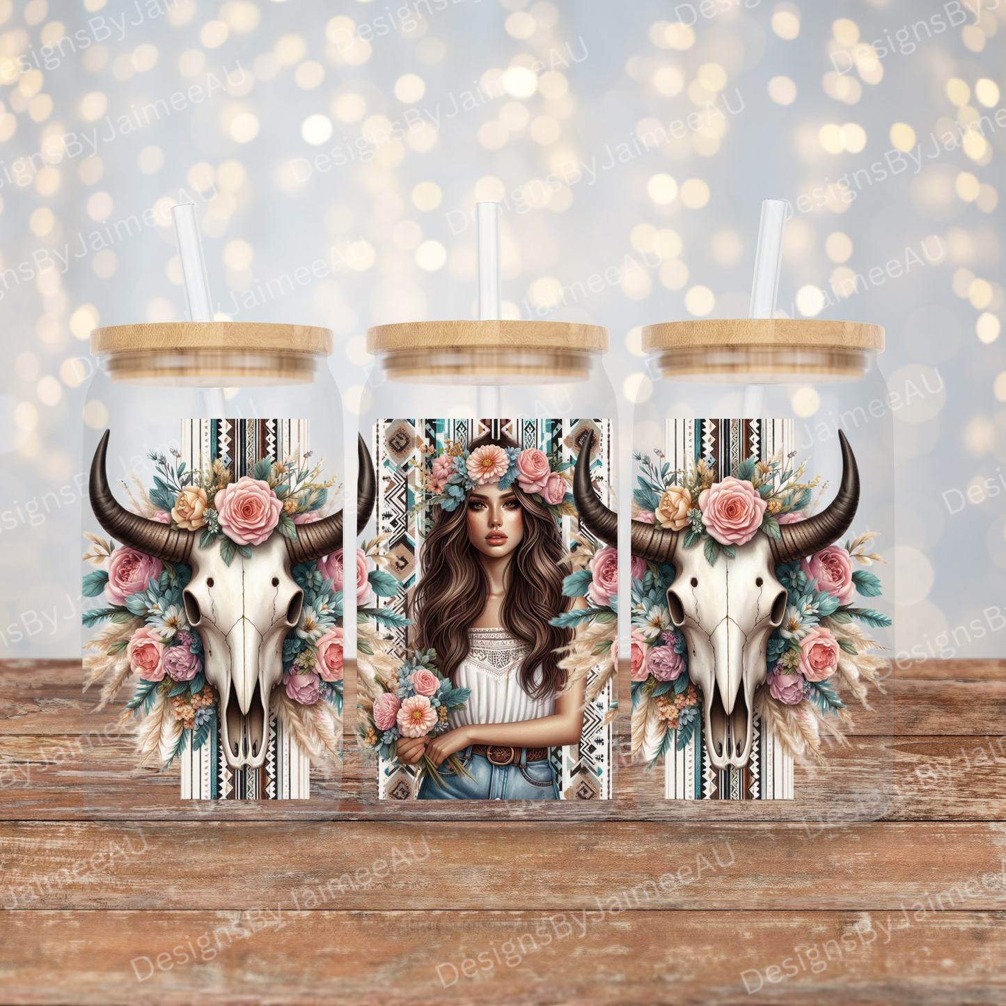 Aztec Bull Skulls and Woman, Pastel-Boho 16oz UV DTF Transfer Wrap PNG Image