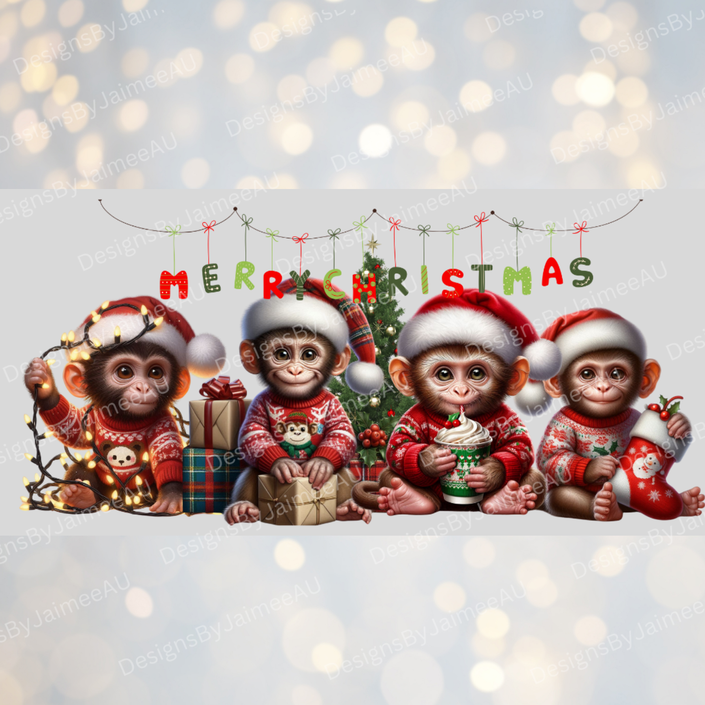 Christmas Monkeys 16oz UV DTF Transfer Wrap PNG Image