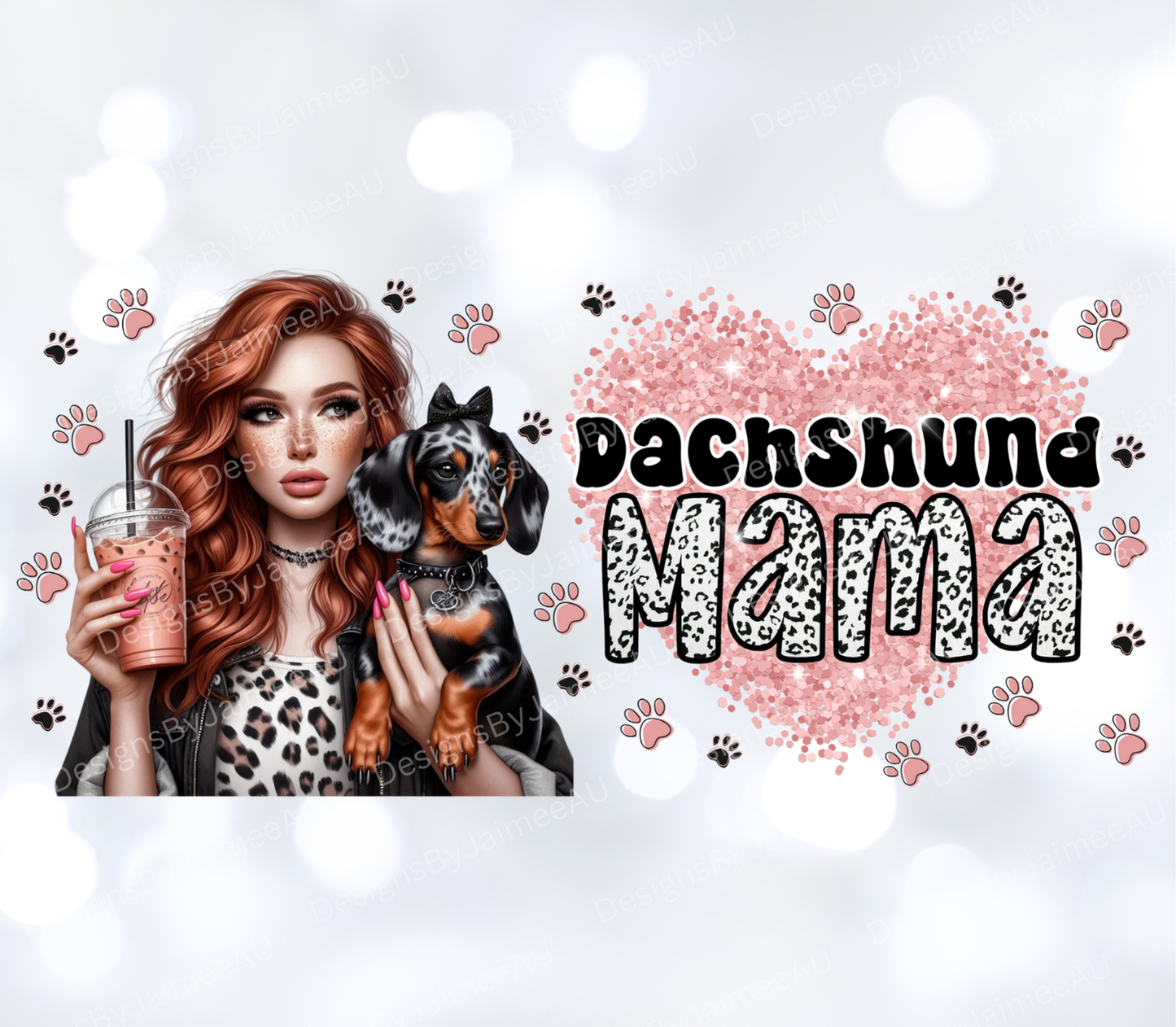 Dachshund Mama, Glitter heart/Red Head Digital Download 16oz UV DTF Transfer Wrap PNG Image