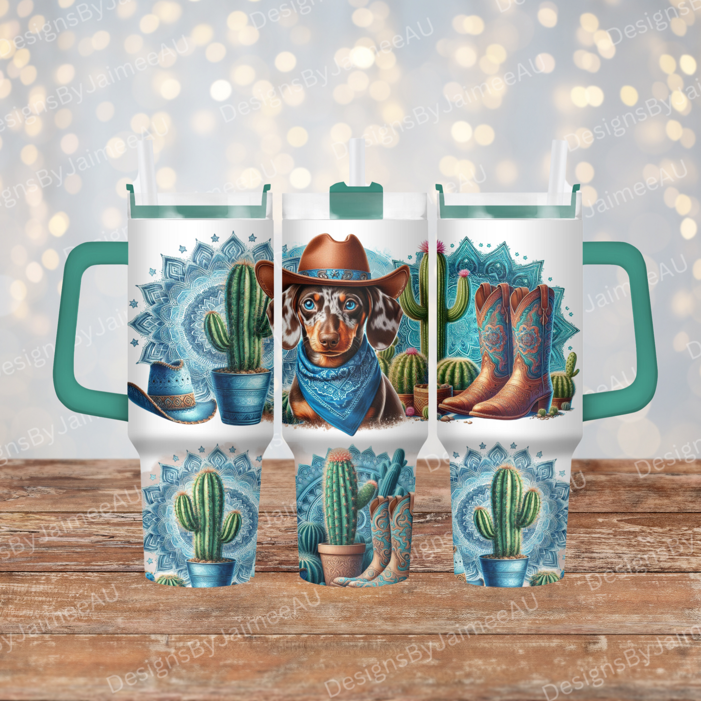 Blue Country/Western Themed Chocolate Dapple Dachshund 40oz Digital Sublimation Tumbler Wrap