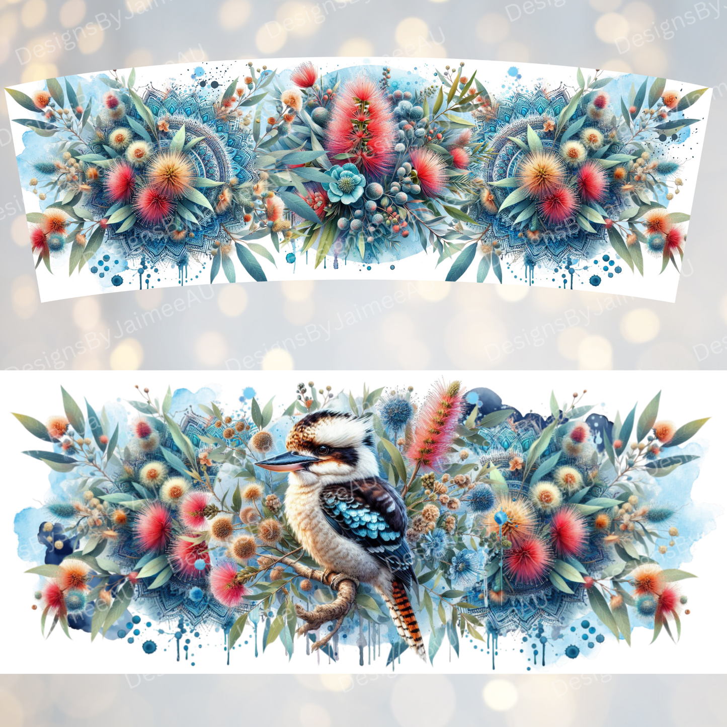 Blue Watercolour Kookaburra and Australian Natives- Digital 30oz Sublimation Tumbler Wrap