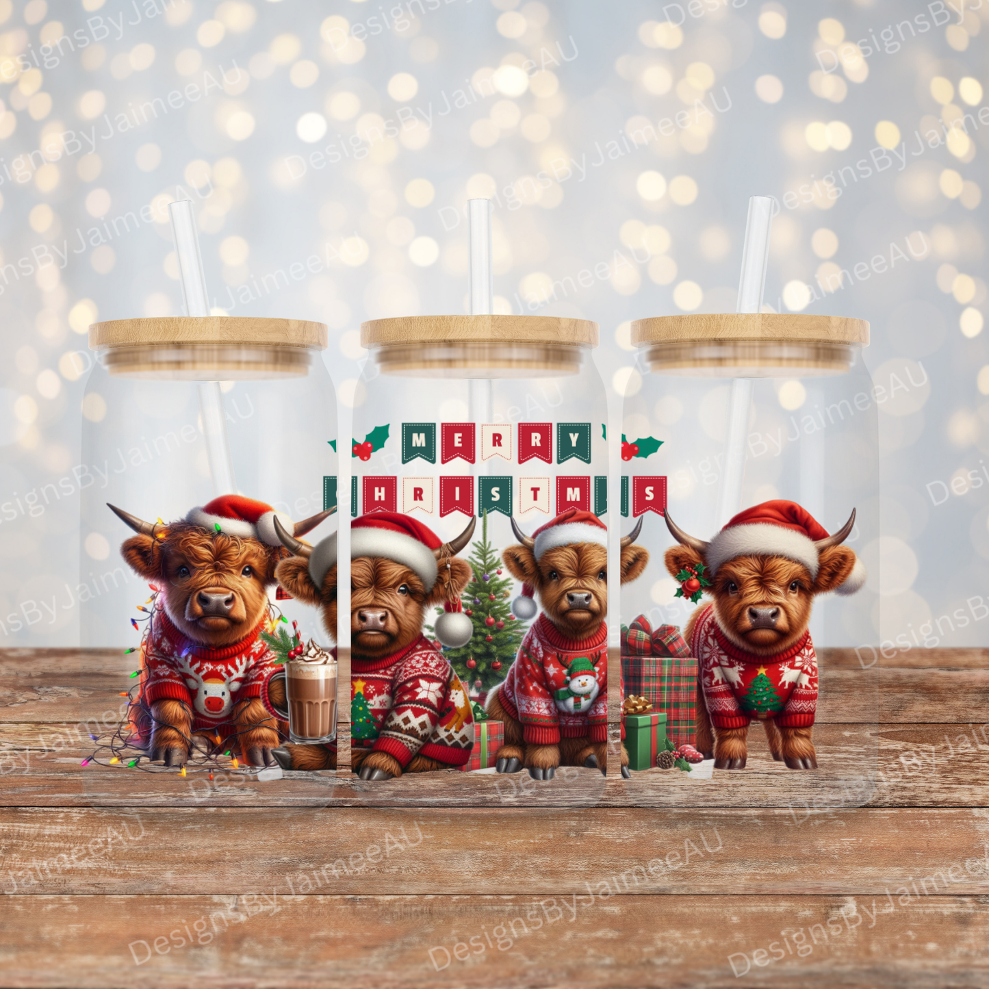 Christmas Highland Cows 16oz UV DTF Transfer Wrap PNG Image